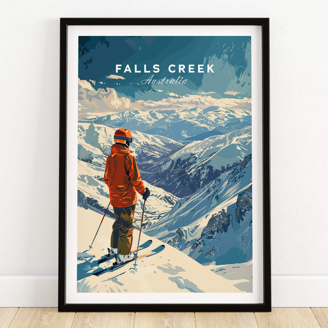 Ski poster featuring a skier at Falls Creek, Australia, capturing the beauty of winter adventures.