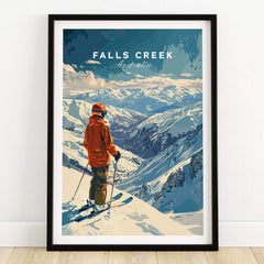 Ski poster featuring a skier at Falls Creek, Australia, capturing the beauty of winter adventures.