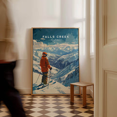 Falls Creek Print Australia ski poster featuring a skier in the mountains, perfect for ski lovers.