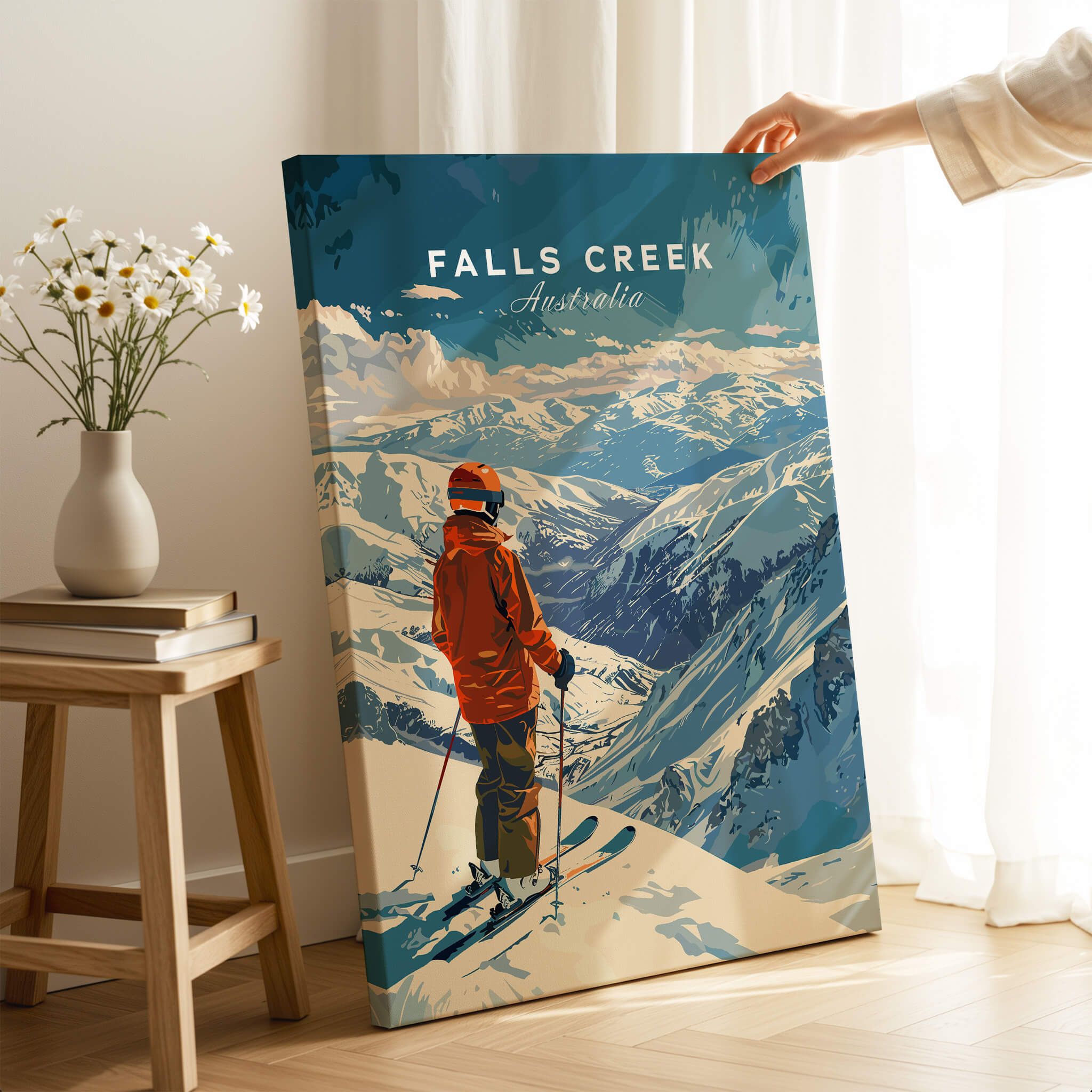 Falls Creek Print Australia ski poster featuring a skier overlooking stunning mountain views.