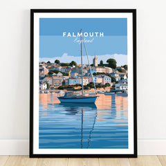 Falmouth Cornwall Estuary Travel Poster — art print in black frame on wooden floor