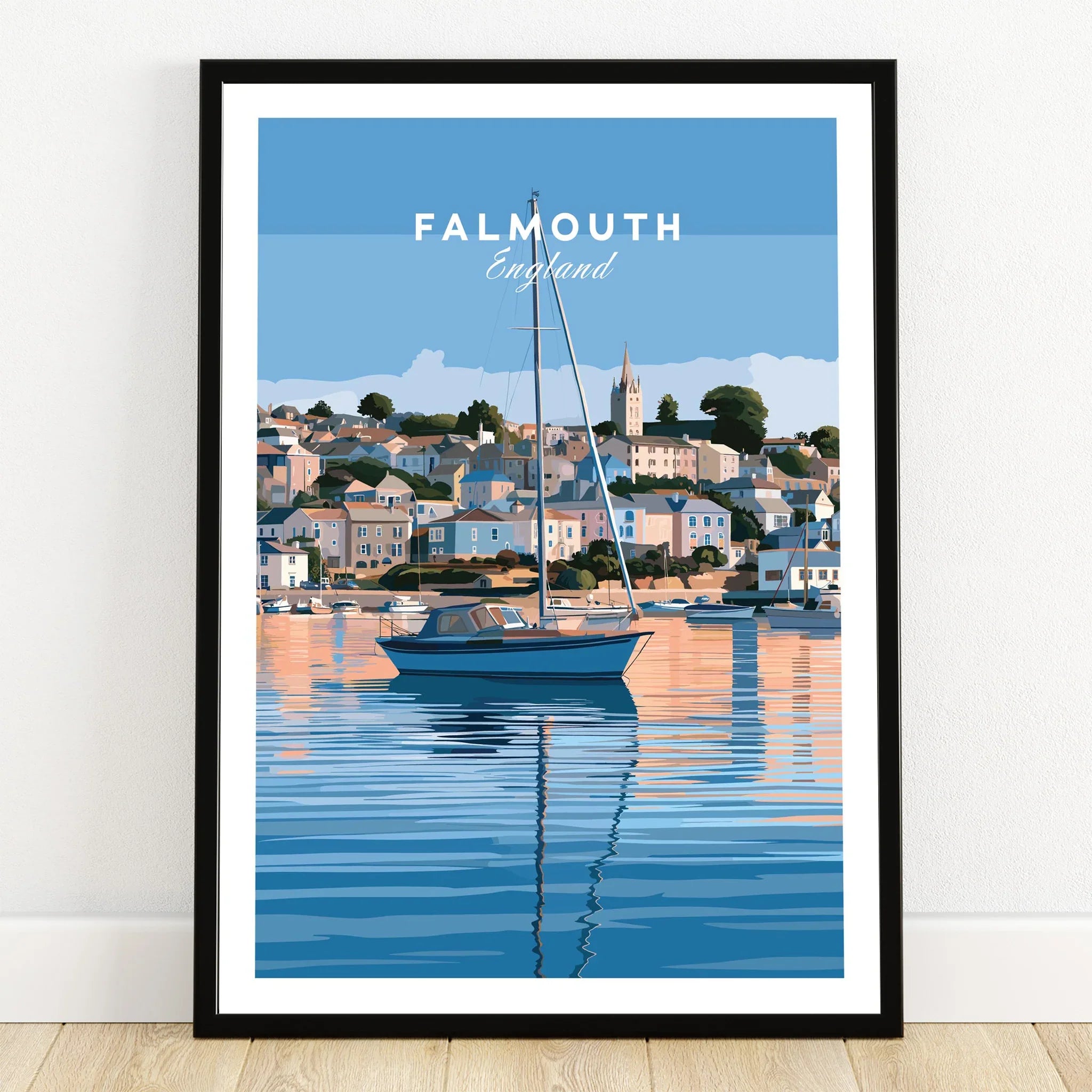Falmouth Cornwall Estuary Travel Poster — art print in black frame on wooden floor