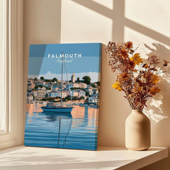 Falmouth Cornwall Estuary Travel Poster — canvas print window setting with shadows flowers