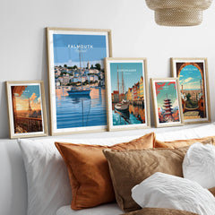 Falmouth Cornwall Estuary Travel Poster — set five framed artprints above bed natural wood frames