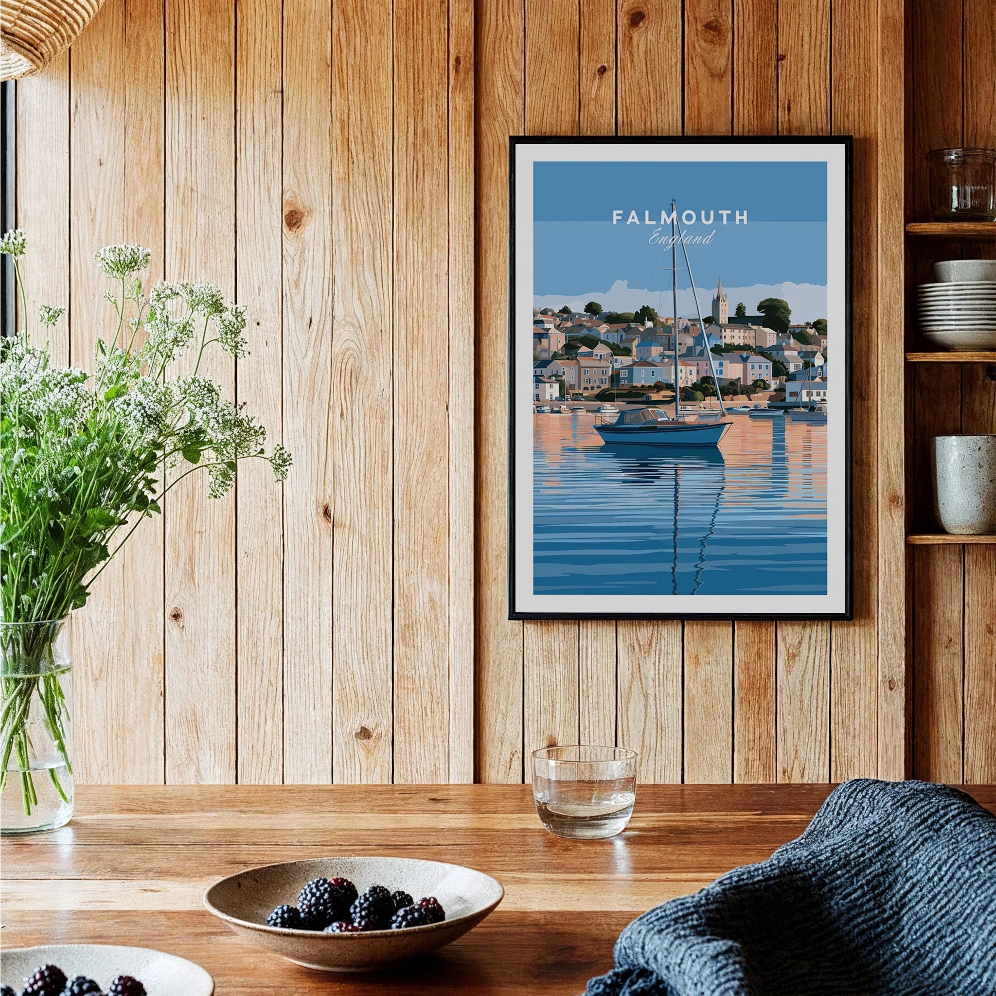 Falmouth Cornwall Estuary Travel Poster — black framed art print kitchen setting