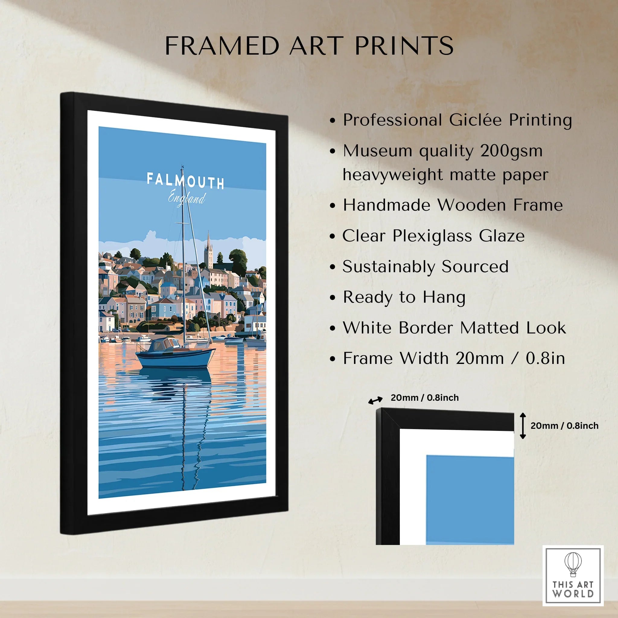 Falmouth Cornwall Estuary Travel Poster — framed print details measurements quality details