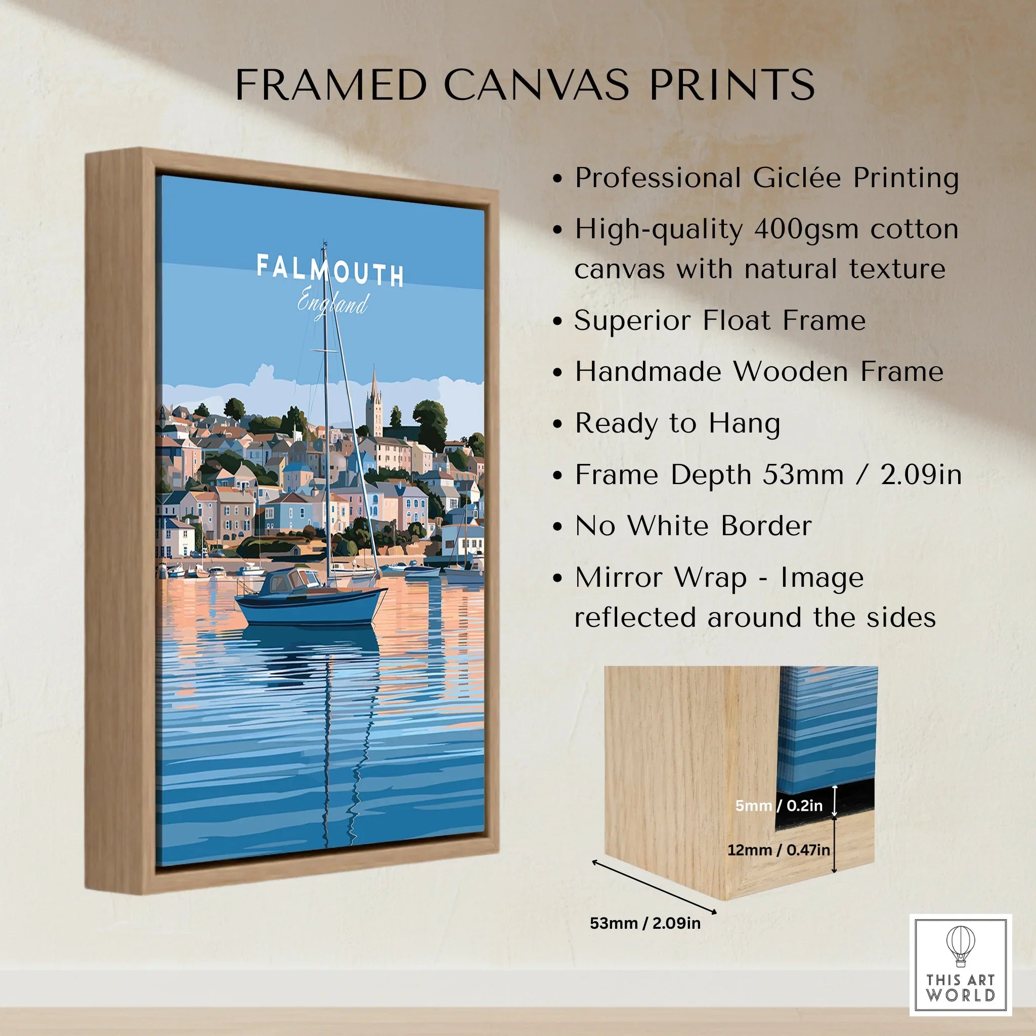 Falmouth Cornwall Estuary Travel Poster — framed canvas float frame details quality