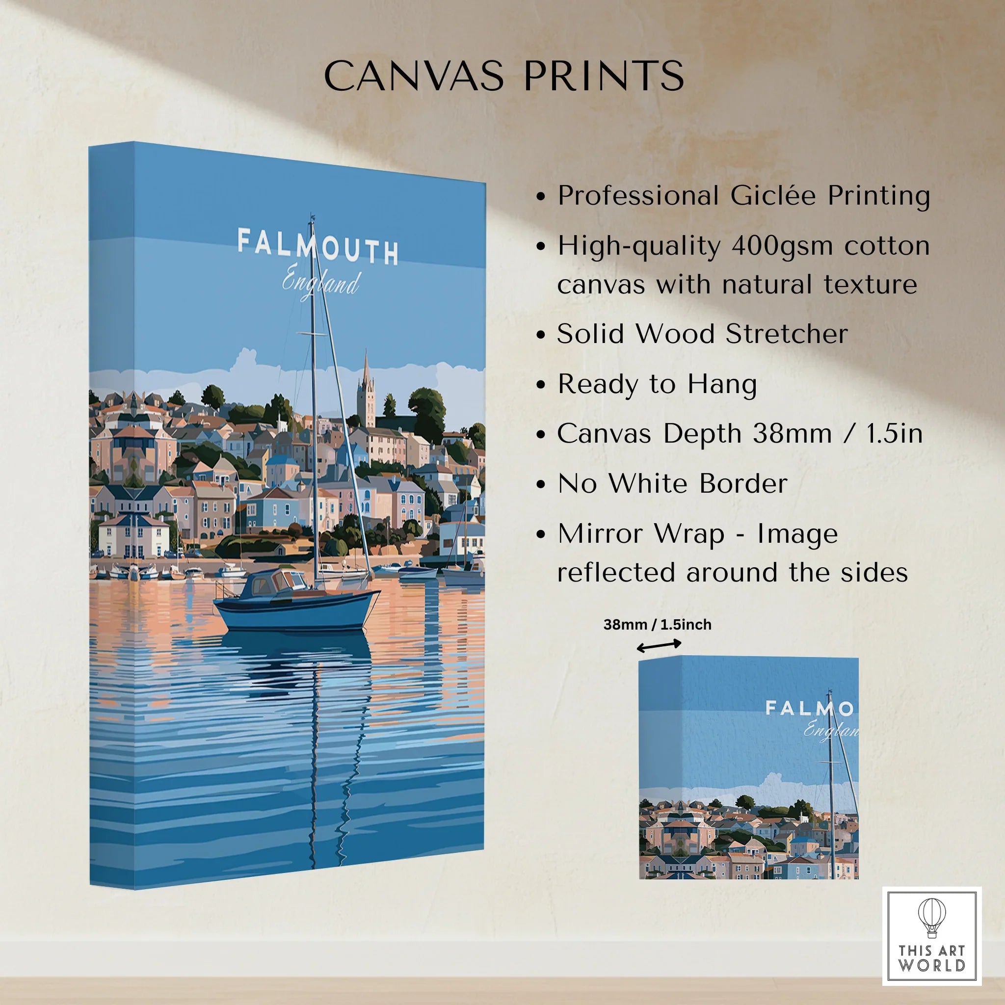 Falmouth Cornwall Estuary Travel Poster — canvas print stretched cotton canvas details