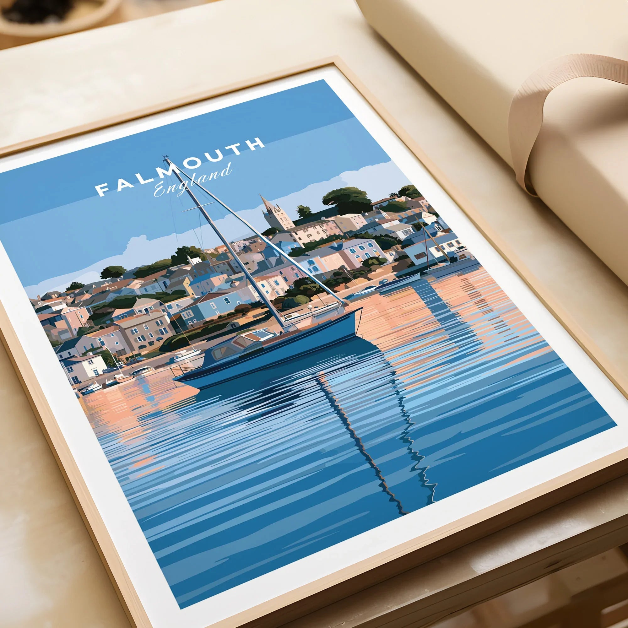 Falmouth Cornwall Estuary Travel Poster — framed art print closeup gift unwrapped natural frame