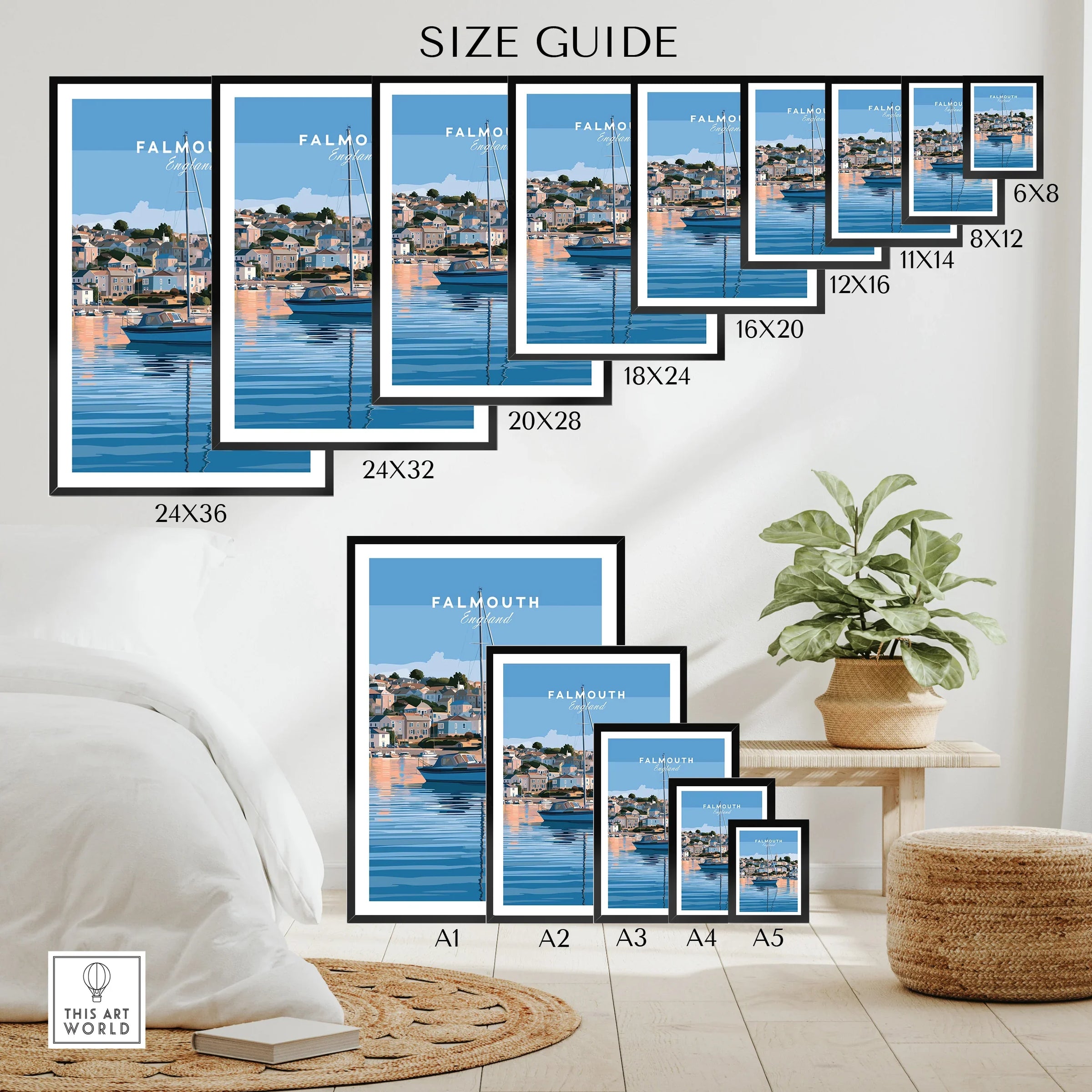 Falmouth Cornwall Estuary Travel Poster — wall art poster size guide thisartworld