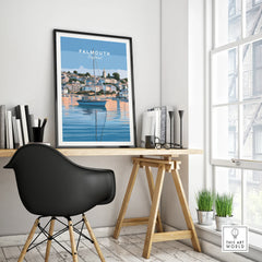 Falmouth Cornwall Estuary Travel Poster — framed poster black frame on office desk modern