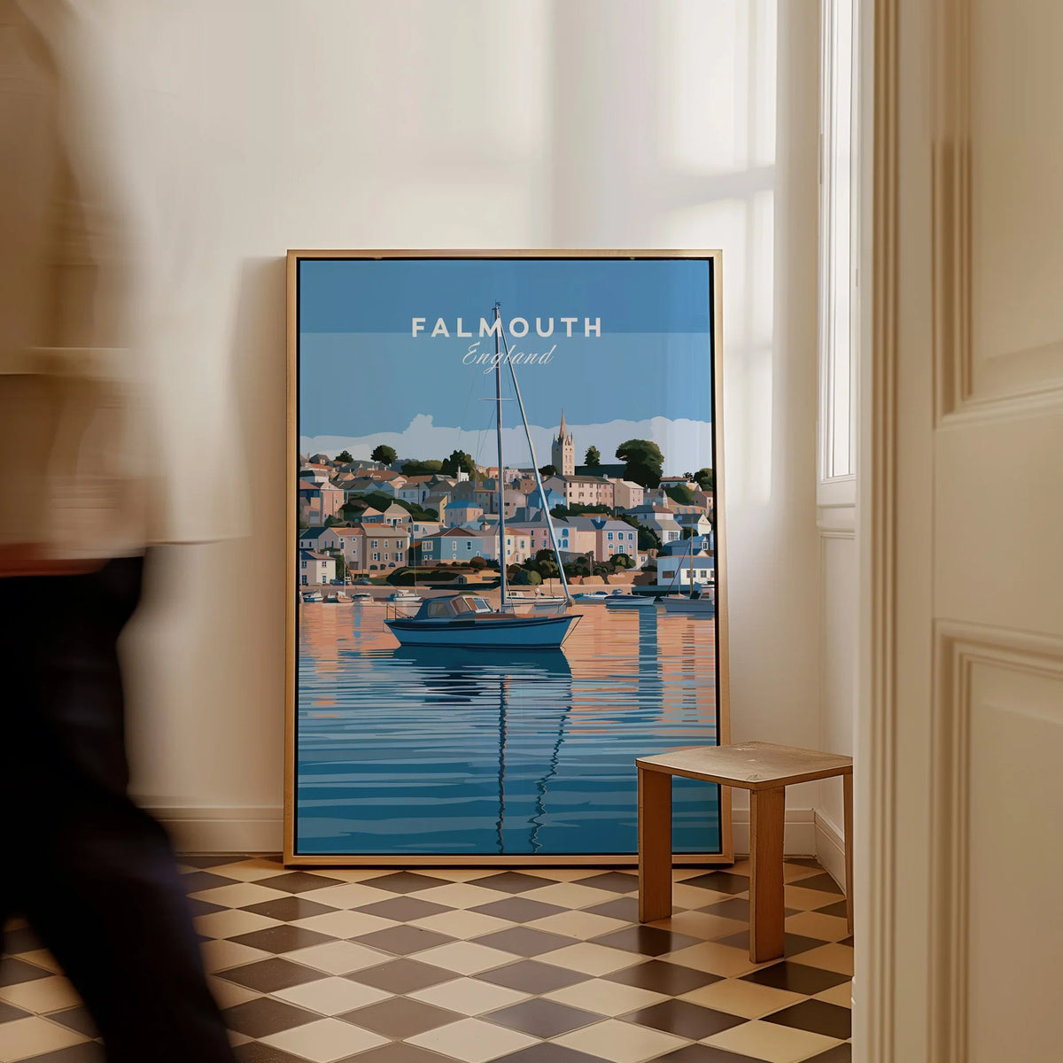 Falmouth Cornwall Estuary Travel Poster — framed canvas on floor man walking past