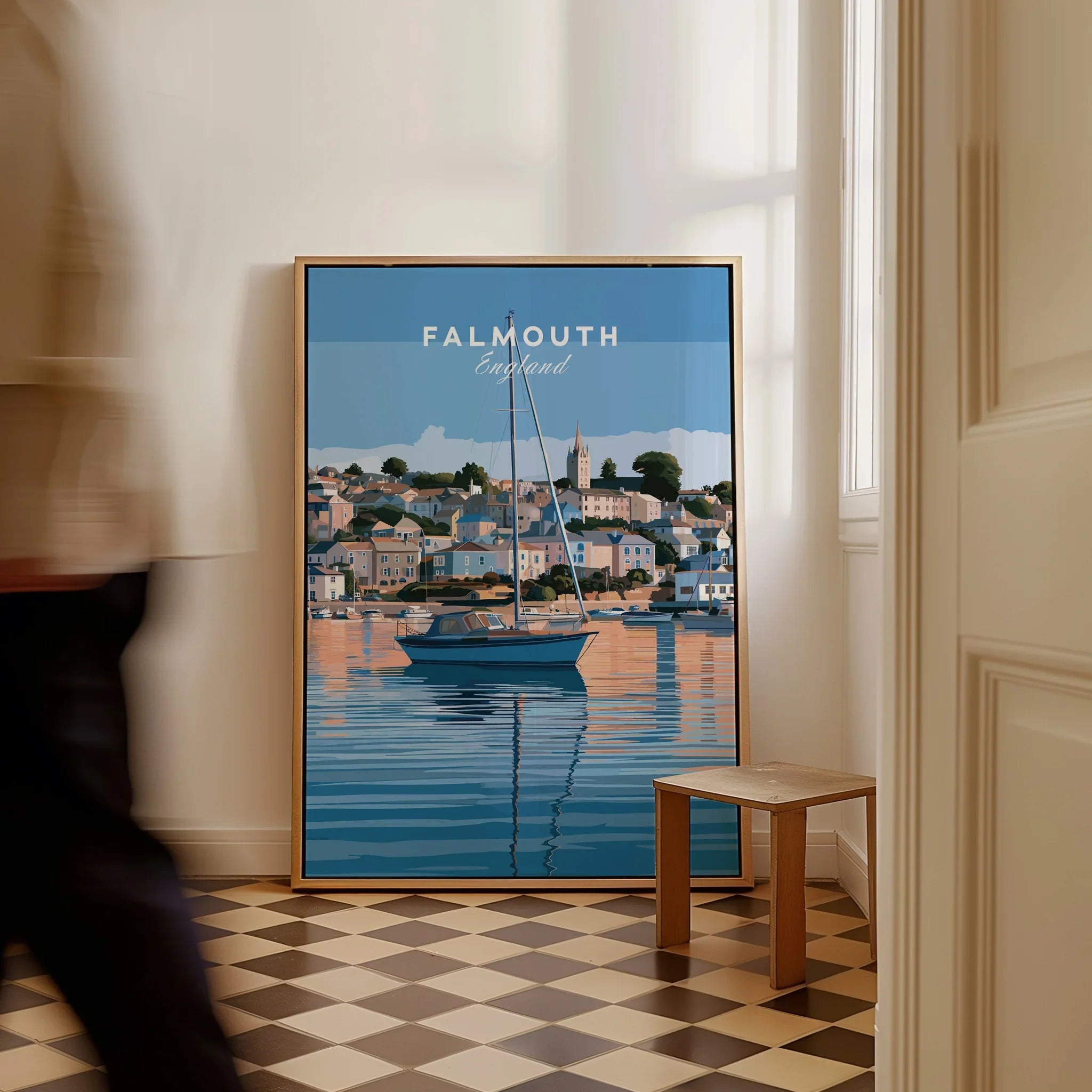 Falmouth Cornwall Estuary Travel Poster — framed canvas on floor man walking past