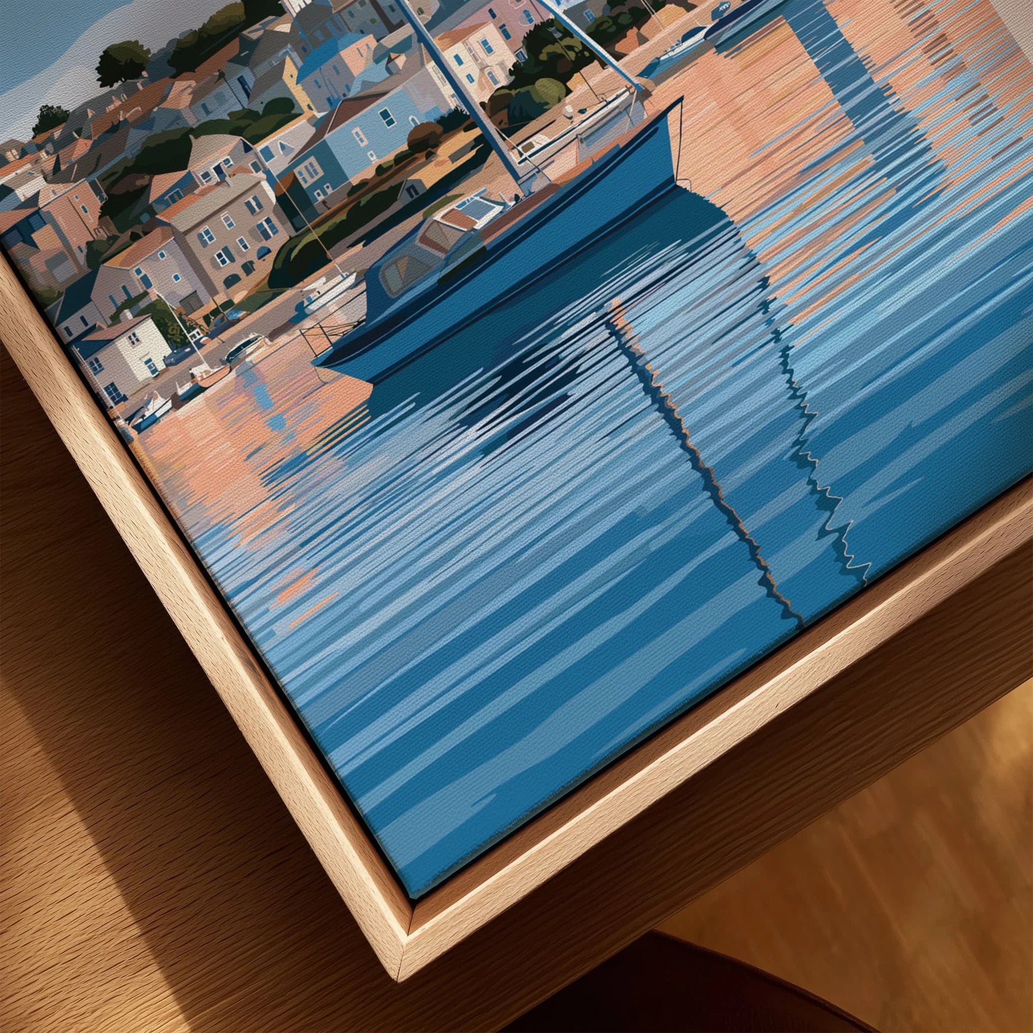 Falmouth Cornwall Estuary Travel Poster — closeup framed canvas natural wood floating frame