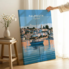 Falmouth Cornwall Estuary Travel Poster — canvas print mirror edge hand holding room setting