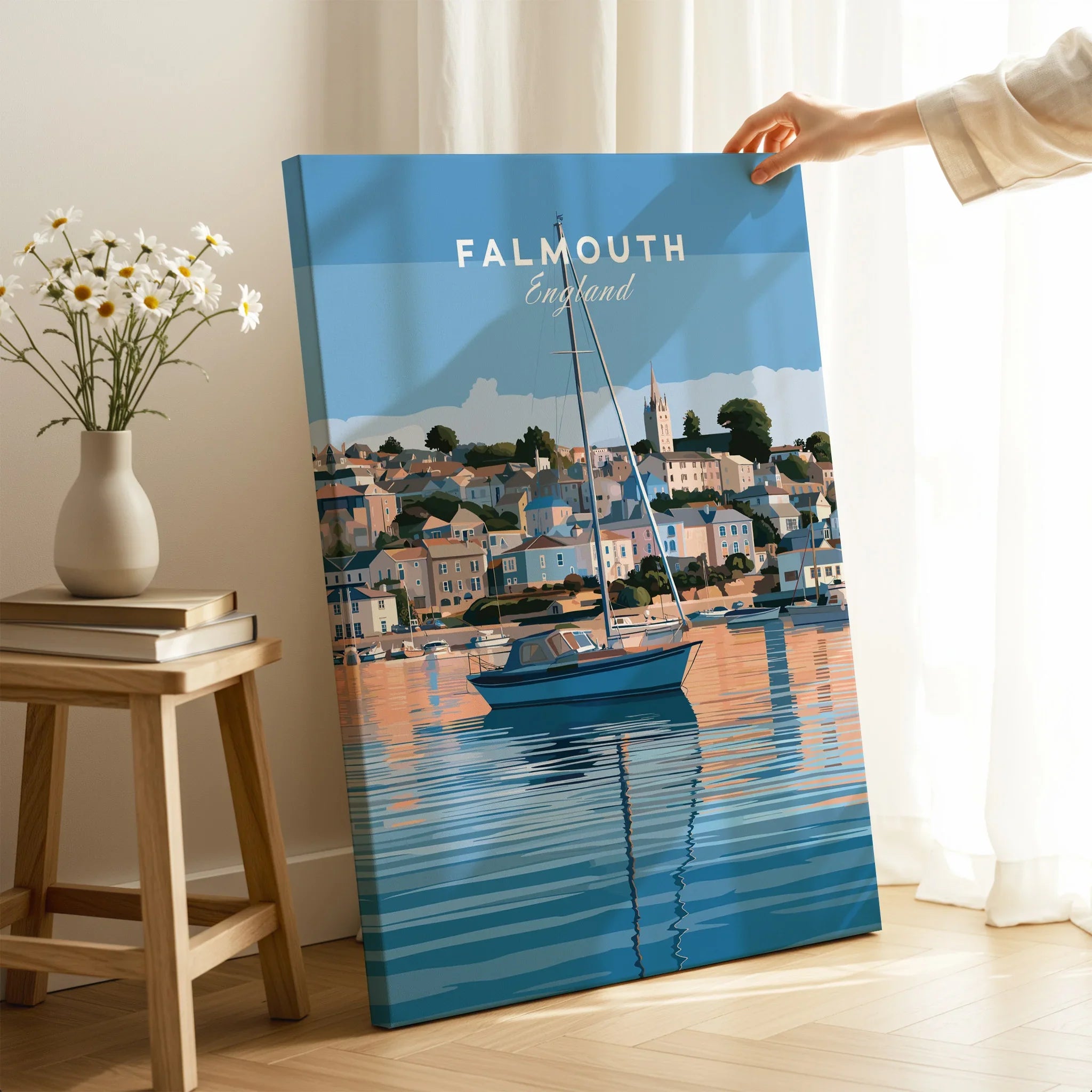 Falmouth Cornwall Estuary Travel Poster — canvas print mirror edge hand holding room setting