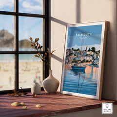Falmouth Cornwall Estuary Travel Poster — framed print window view natural wood frame