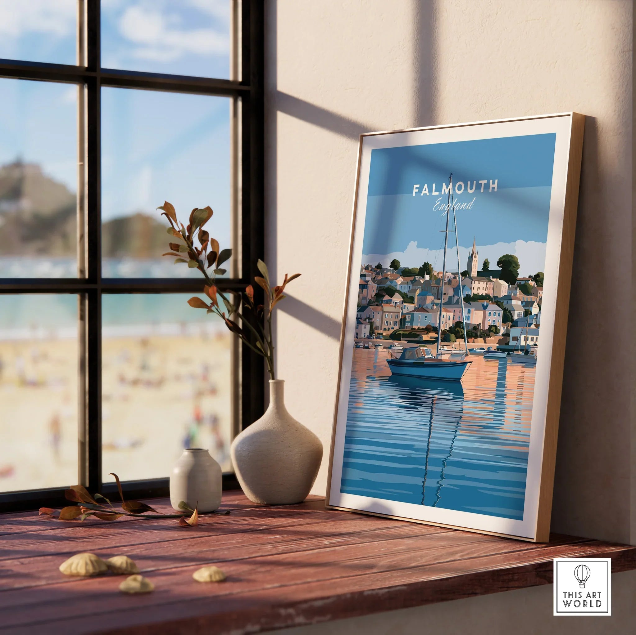 Falmouth Cornwall Estuary Travel Poster — framed print window view natural wood frame