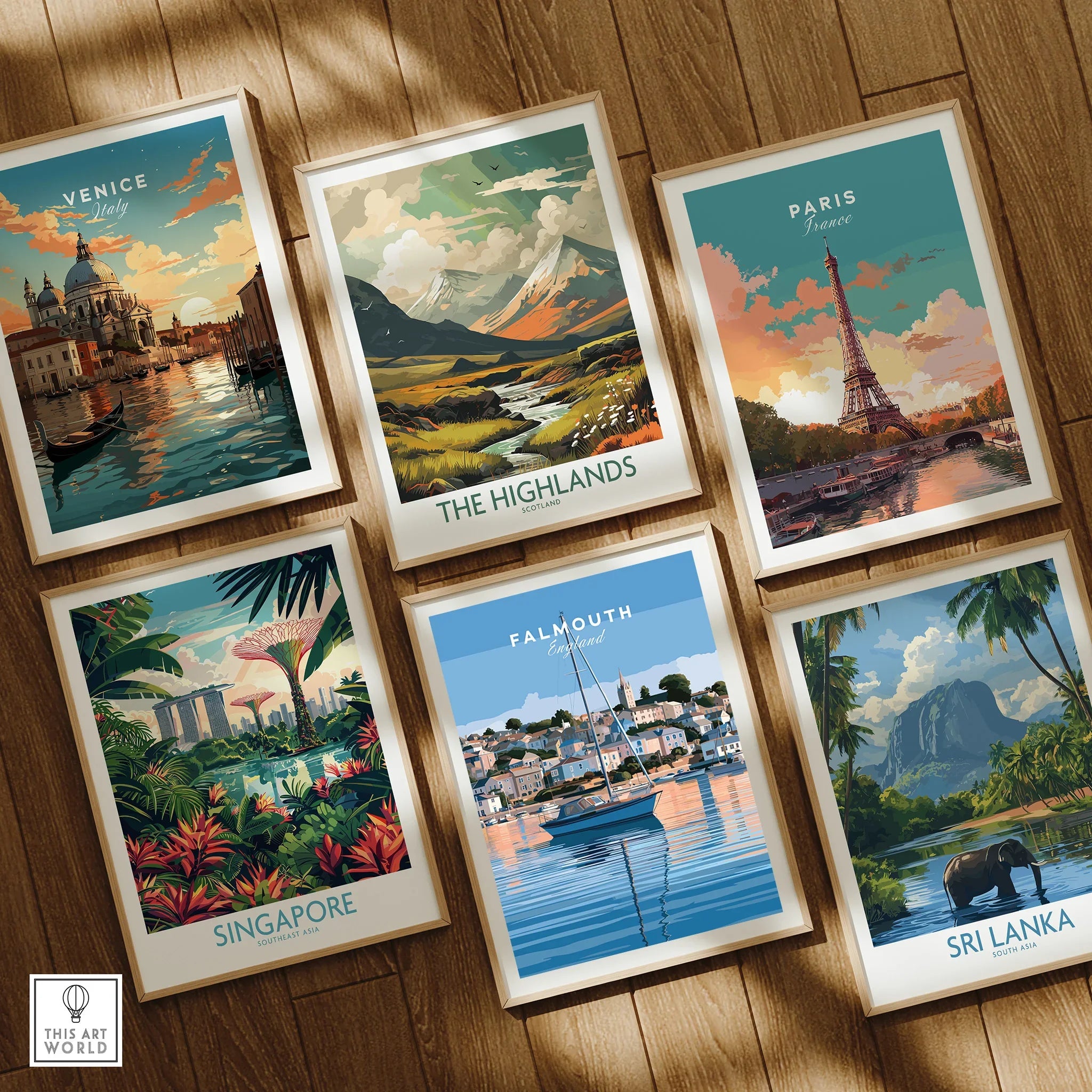 Falmouth Cornwall Estuary Travel Poster — set six framed art prints wooden floor natural wood frames