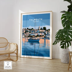 Falmouth Cornwall Estuary Travel Poster — large framed print room setting chair plant