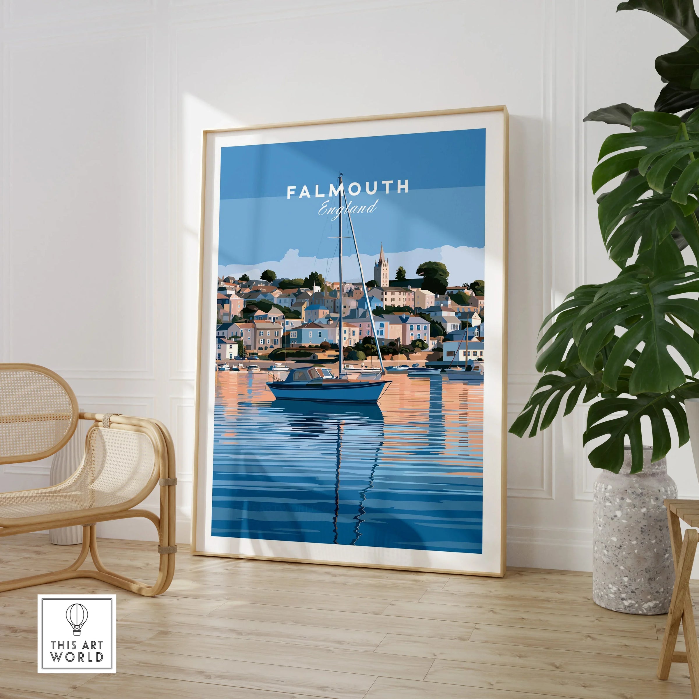Falmouth Cornwall Estuary Travel Poster — large framed print room setting chair plant
