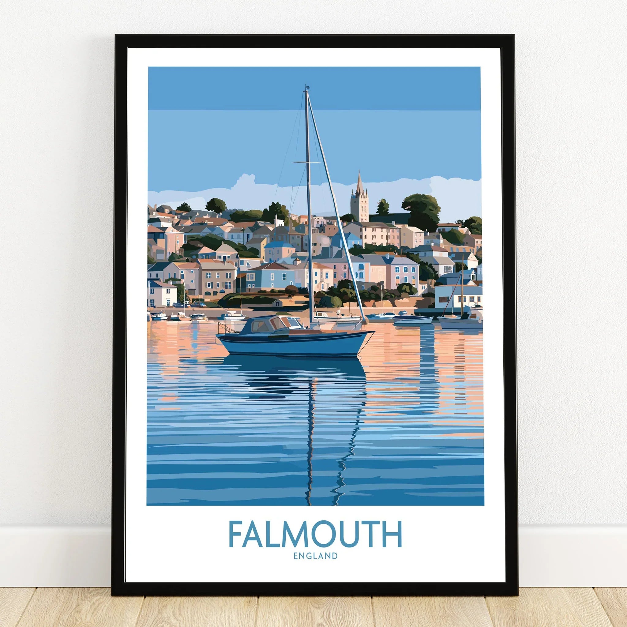 Falmouth Cornwall Waterfront Wall Art — art print in black frame on wooden floor