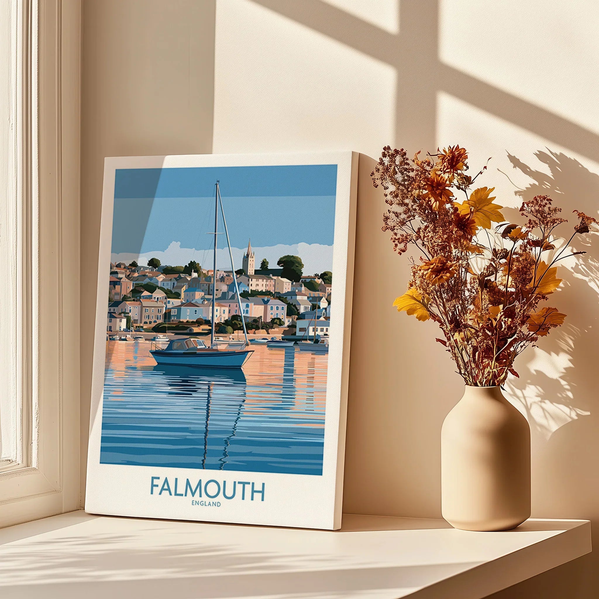 Falmouth Cornwall Waterfront Wall Art — canvas print window setting with shadows flowers