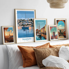 Falmouth Cornwall Waterfront Wall Art — set five framed artprints above bed natural wood frames