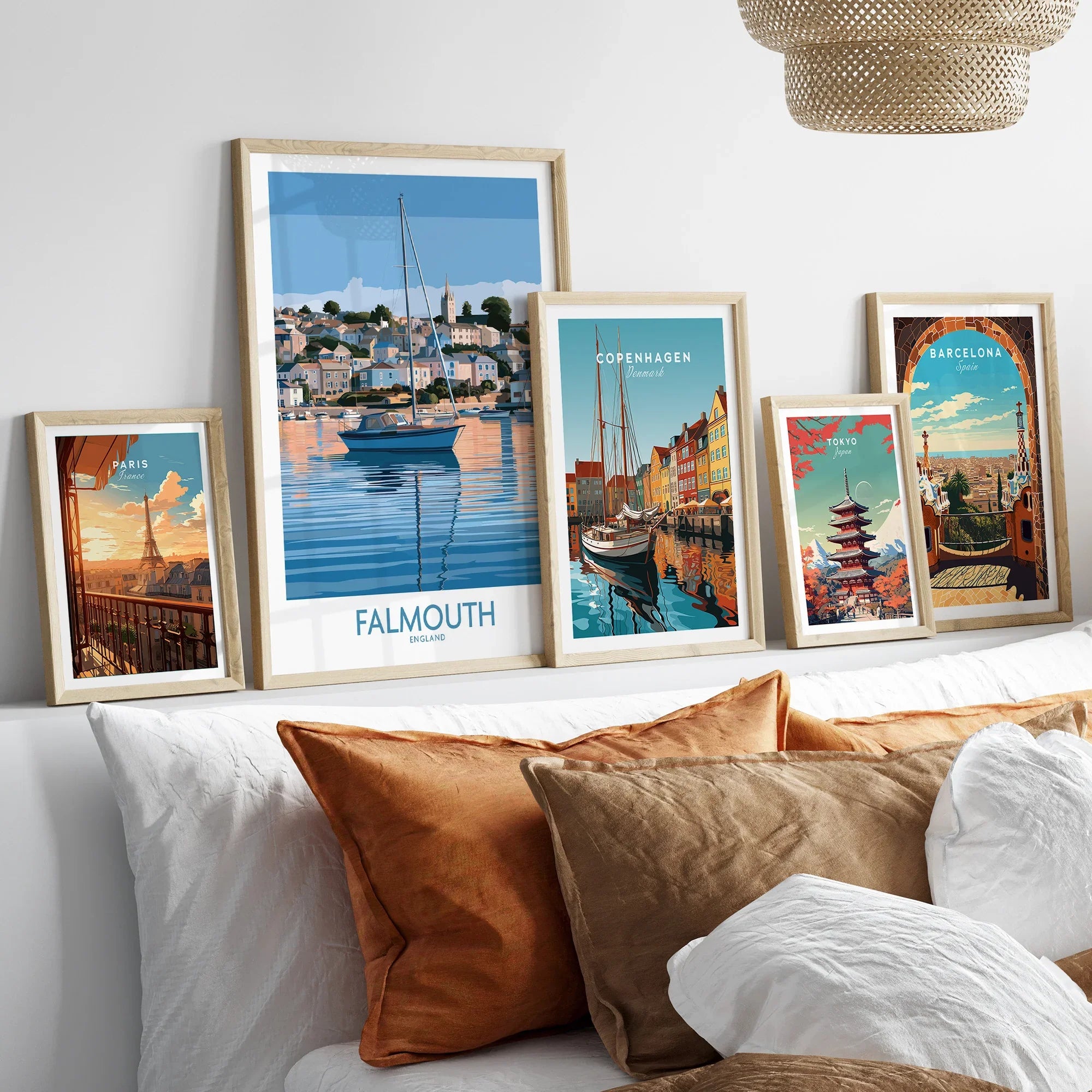 Falmouth Cornwall Waterfront Wall Art — set five framed artprints above bed natural wood frames