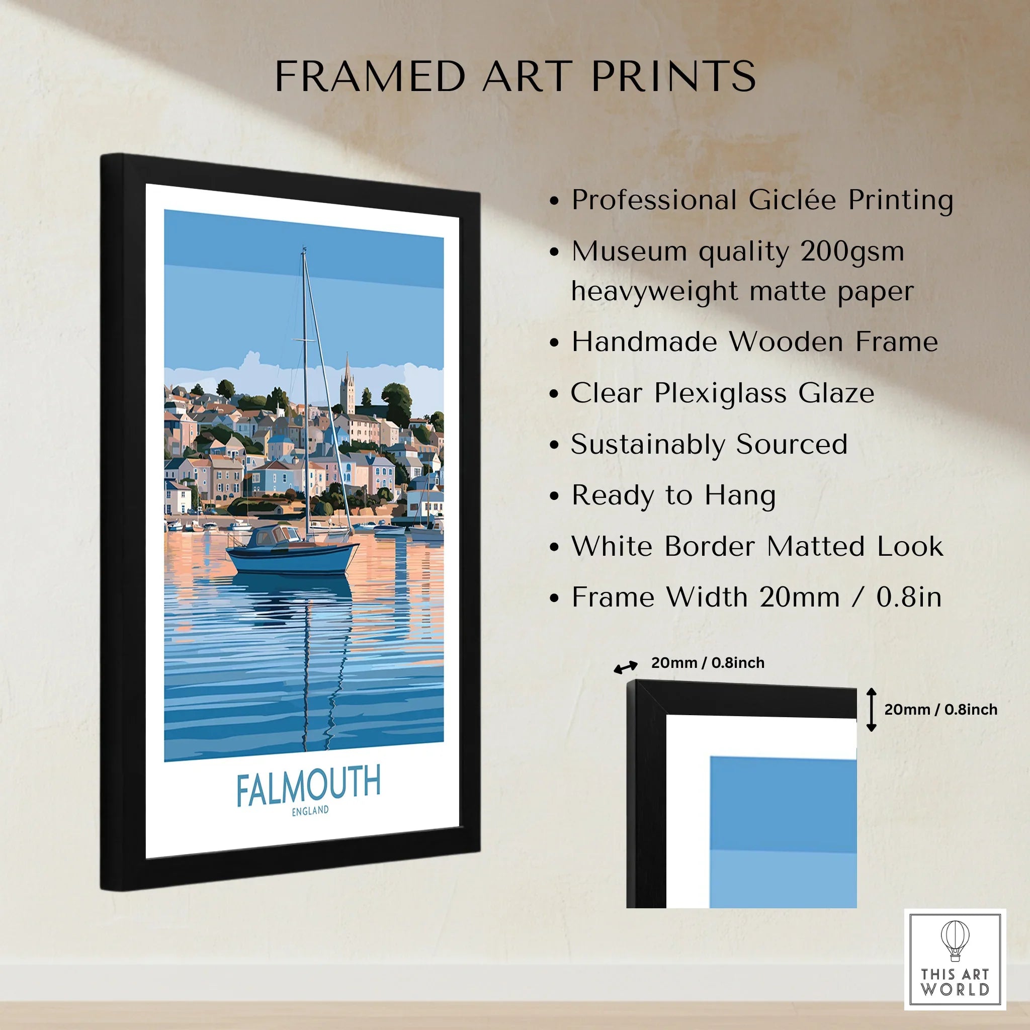 Falmouth Cornwall Waterfront Wall Art — framed print details measurements quality details