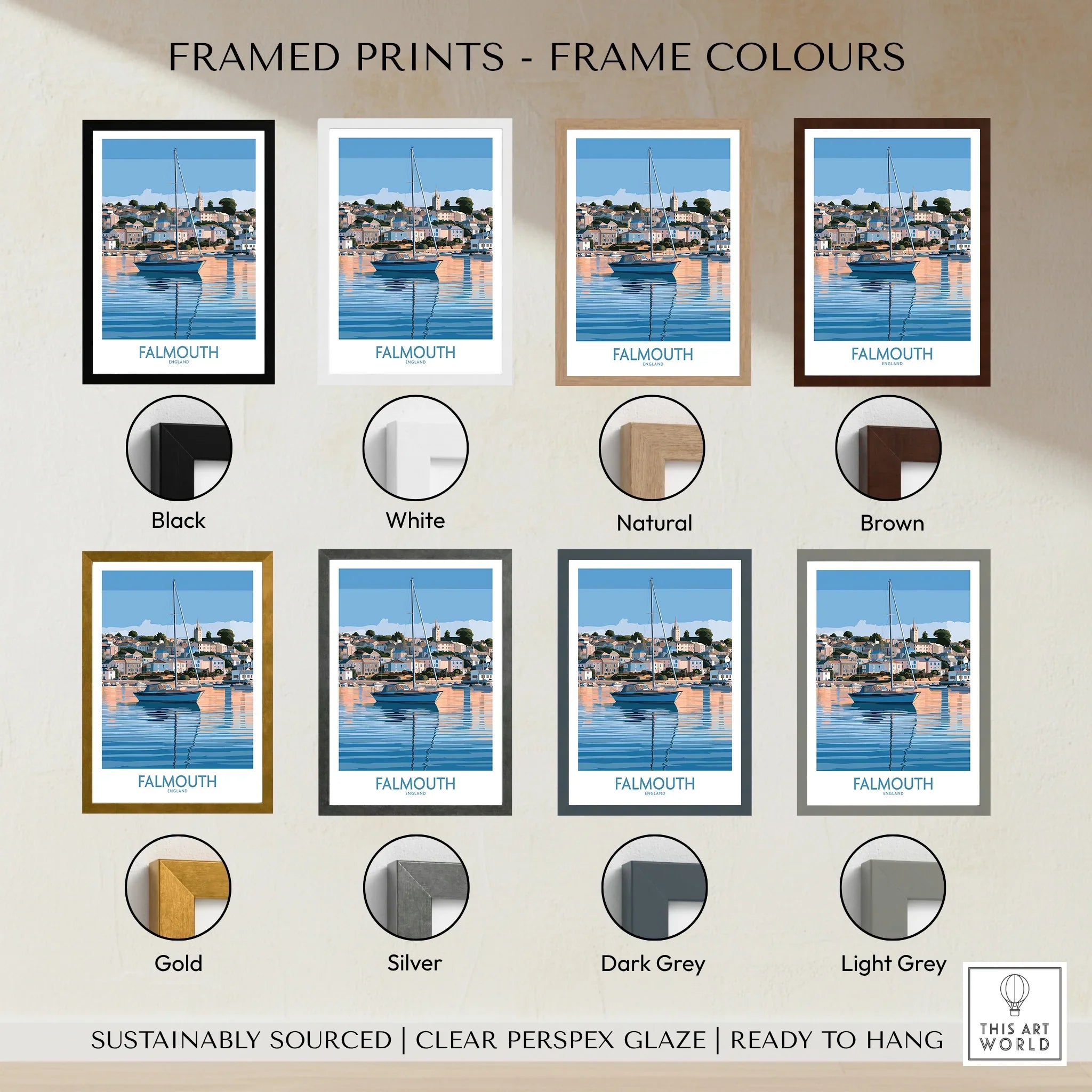 Falmouth Cornwall Waterfront Wall Art — framed print colour options
