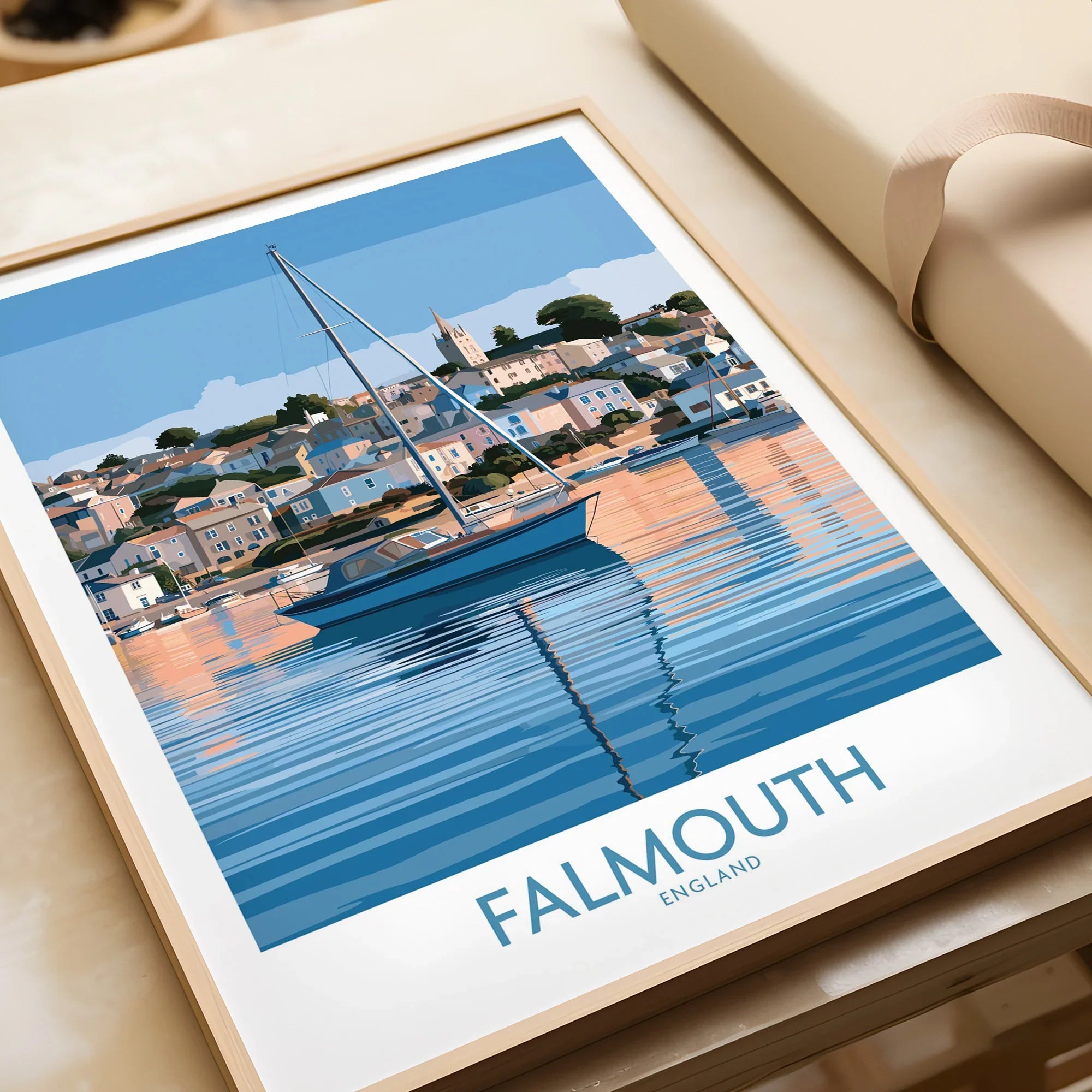 Falmouth Cornwall Waterfront Wall Art — framed art print closeup gift unwrapped natural frame