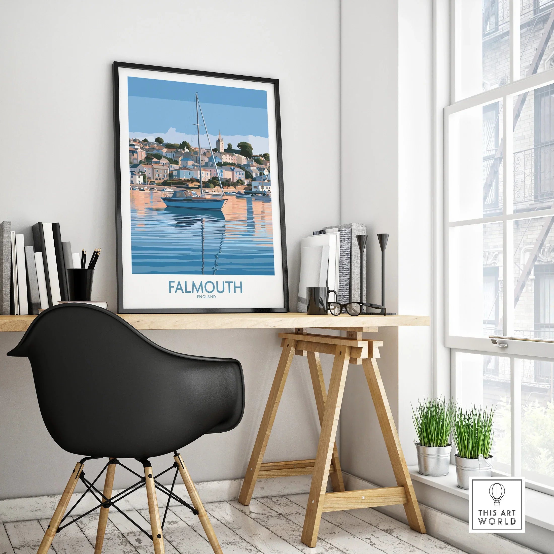 Falmouth Cornwall Waterfront Wall Art — framed poster black frame on office desk modern
