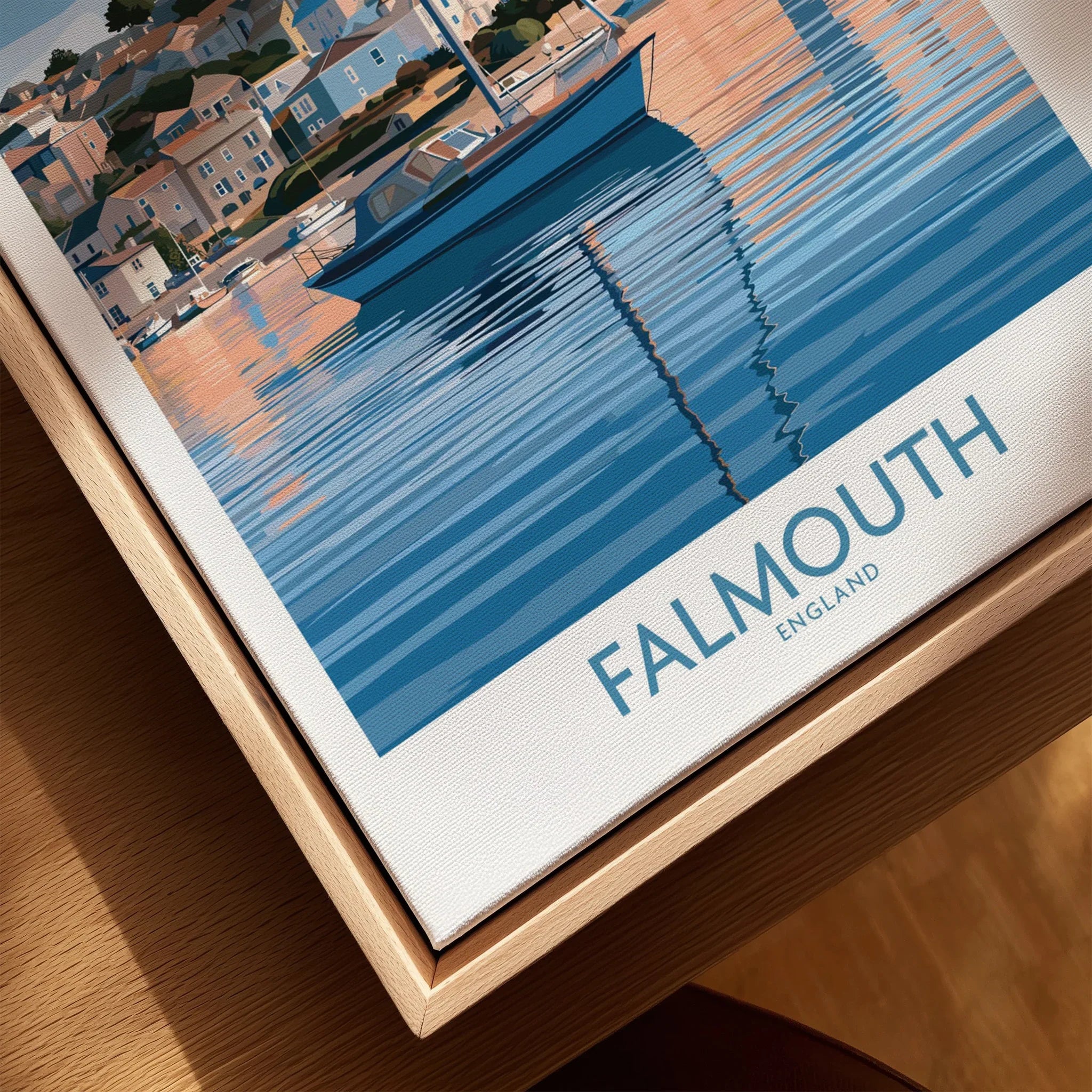 Falmouth Cornwall Waterfront Wall Art — closeup framed canvas natural wood floating frame