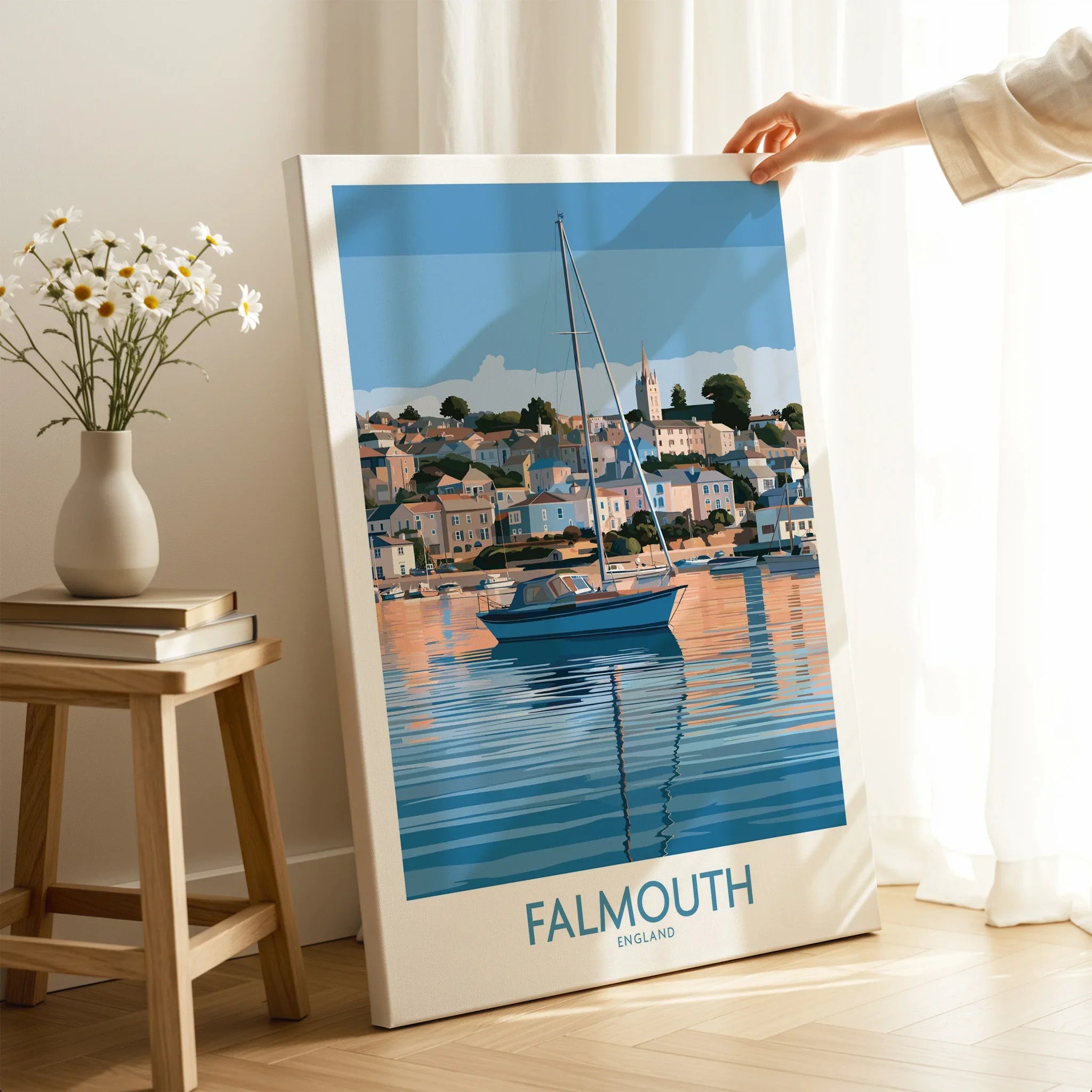 Falmouth Cornwall Waterfront Wall Art — canvas print mirror edge hand holding room setting