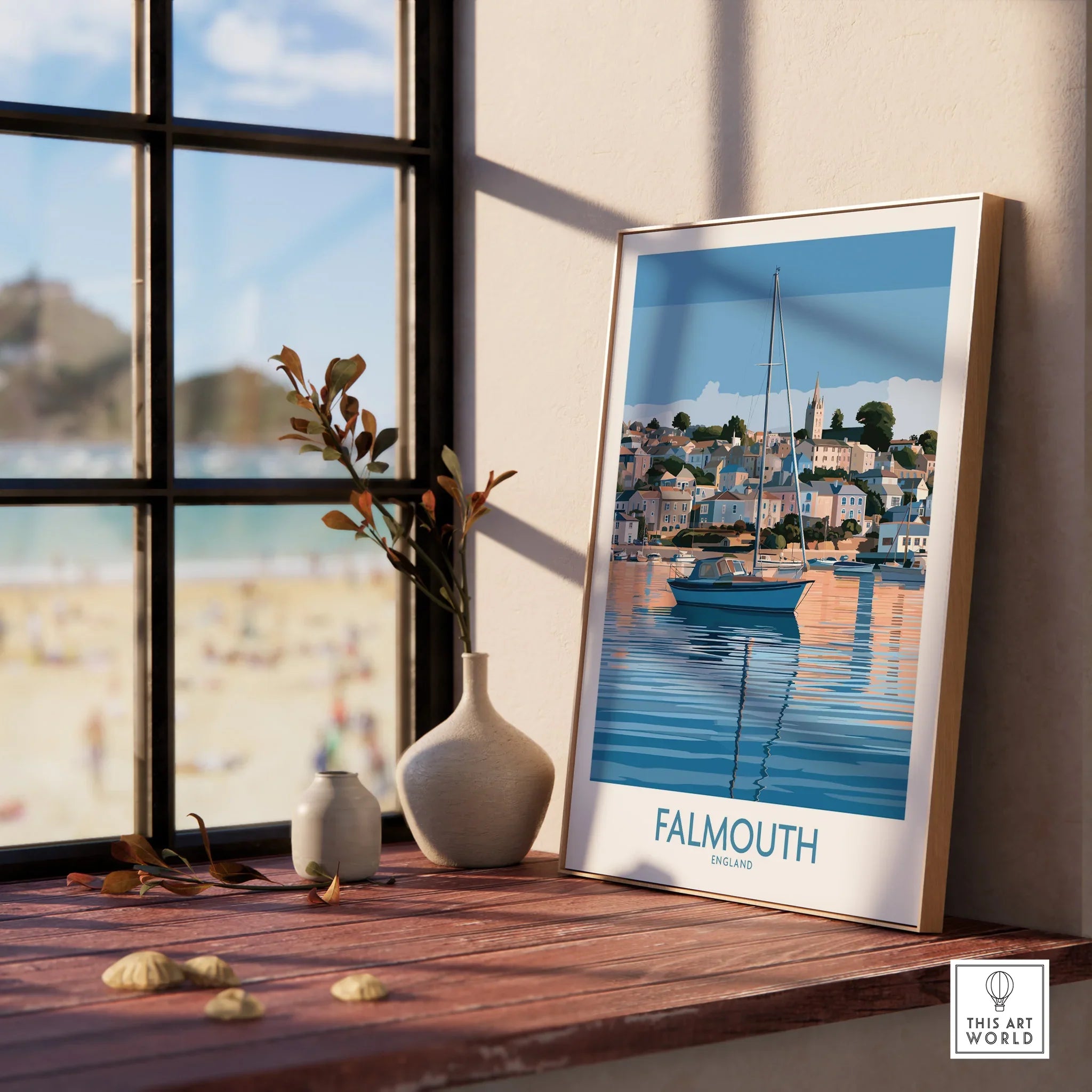 Falmouth Cornwall Waterfront Wall Art — framed print window view natural wood frame