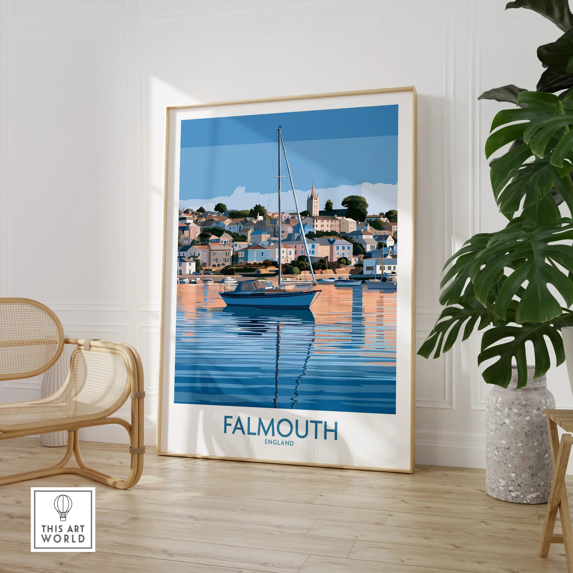 Falmouth Cornwall Waterfront Wall Art — large framed print room setting chair plant
