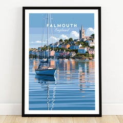 Falmouth Cornwall Moored Yachts Travel Poster — art print in black frame on wooden floor