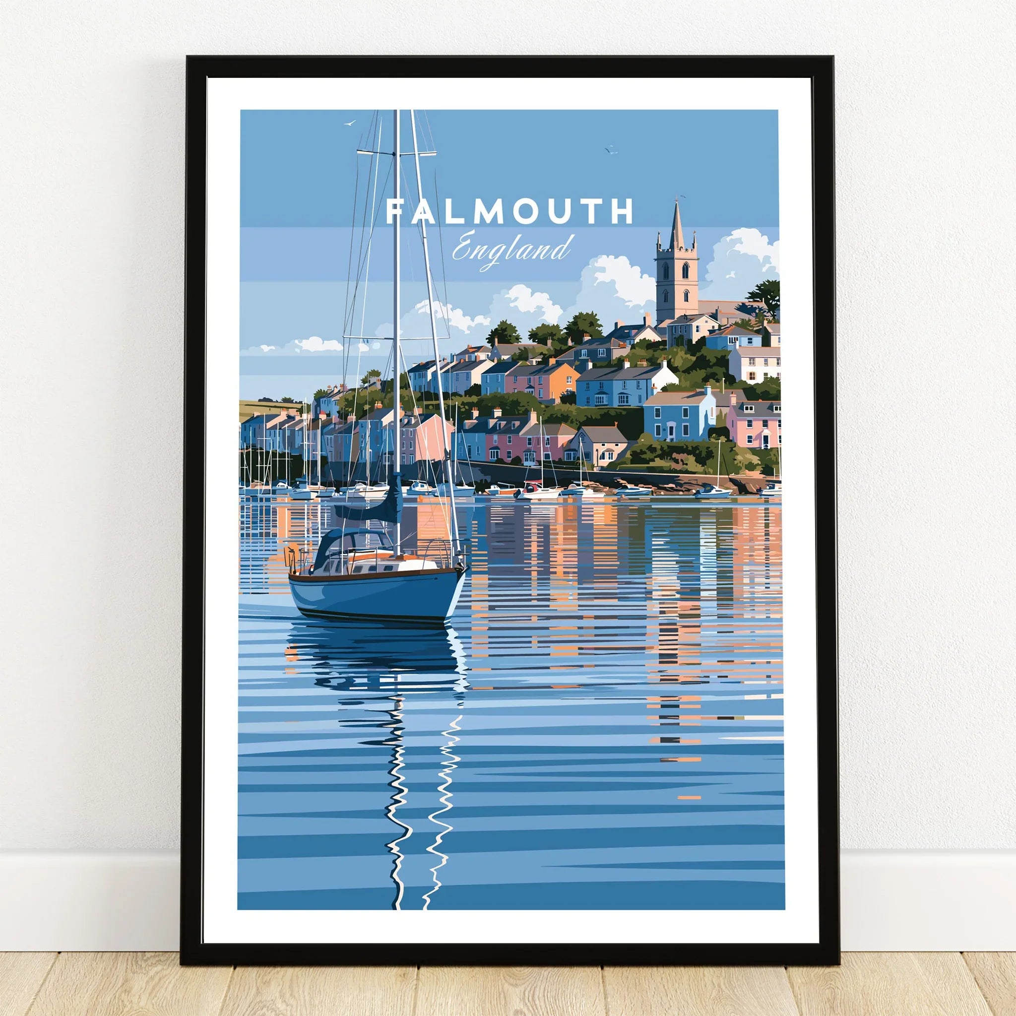 Falmouth Cornwall Moored Yachts Travel Poster — art print in black frame on wooden floor