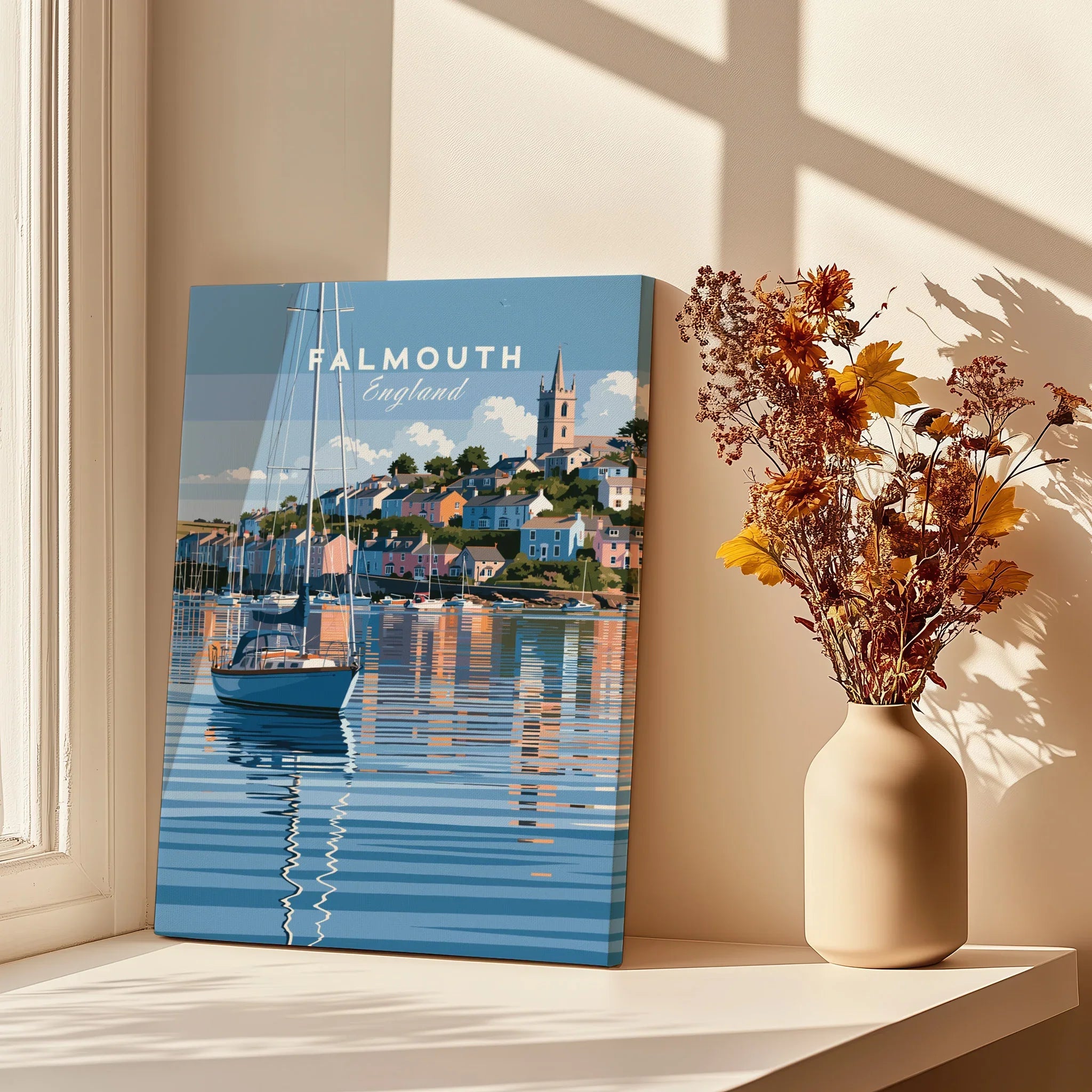 Falmouth Cornwall Moored Yachts Travel Poster — canvas print window setting with shadows flowers