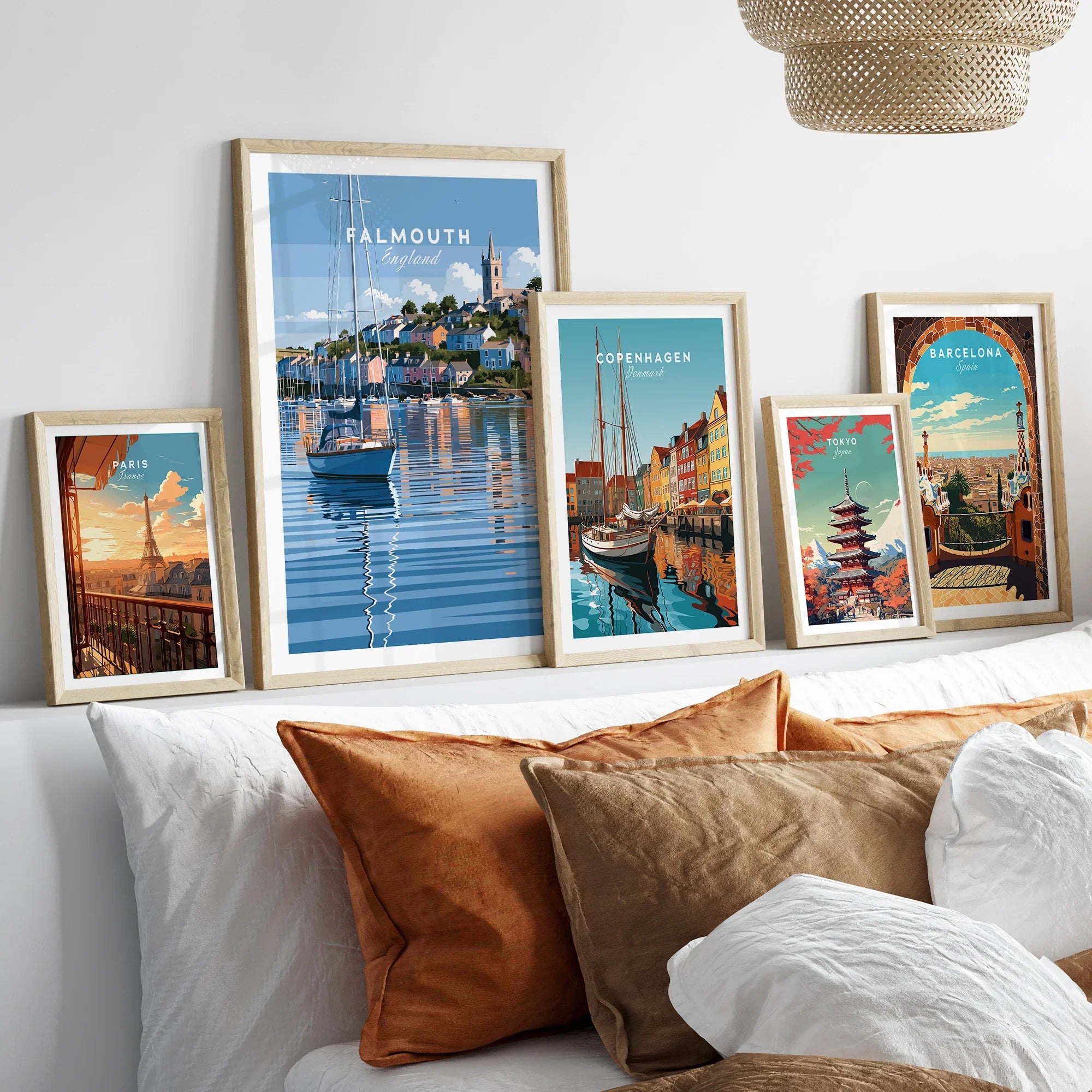 Falmouth Cornwall Moored Yachts Travel Poster — set five framed artprints above bed natural wood frames