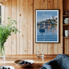 Falmouth Cornwall Moored Yachts Travel Poster — black framed art print kitchen setting