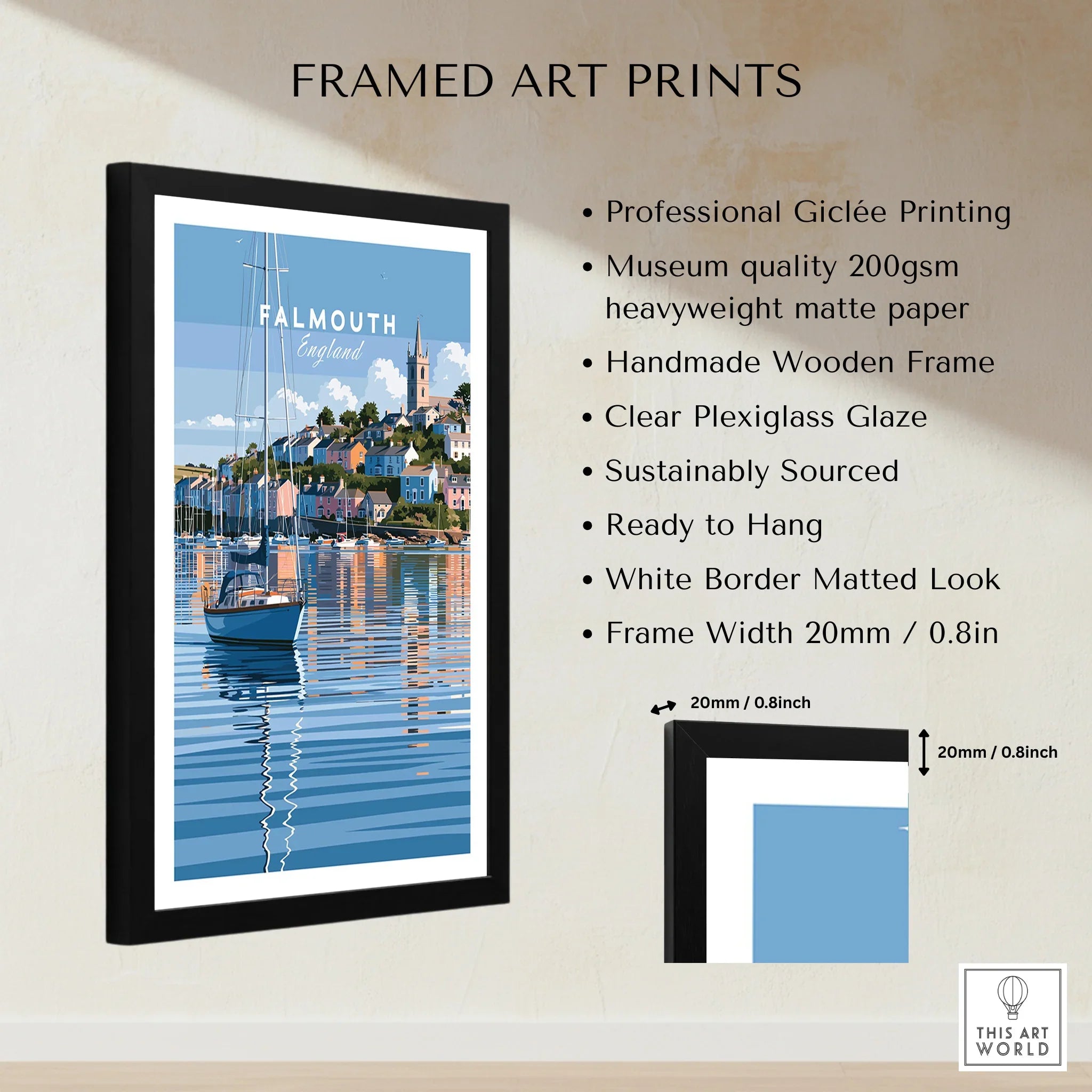 Falmouth Cornwall Moored Yachts Travel Poster — framed print details measurements quality details