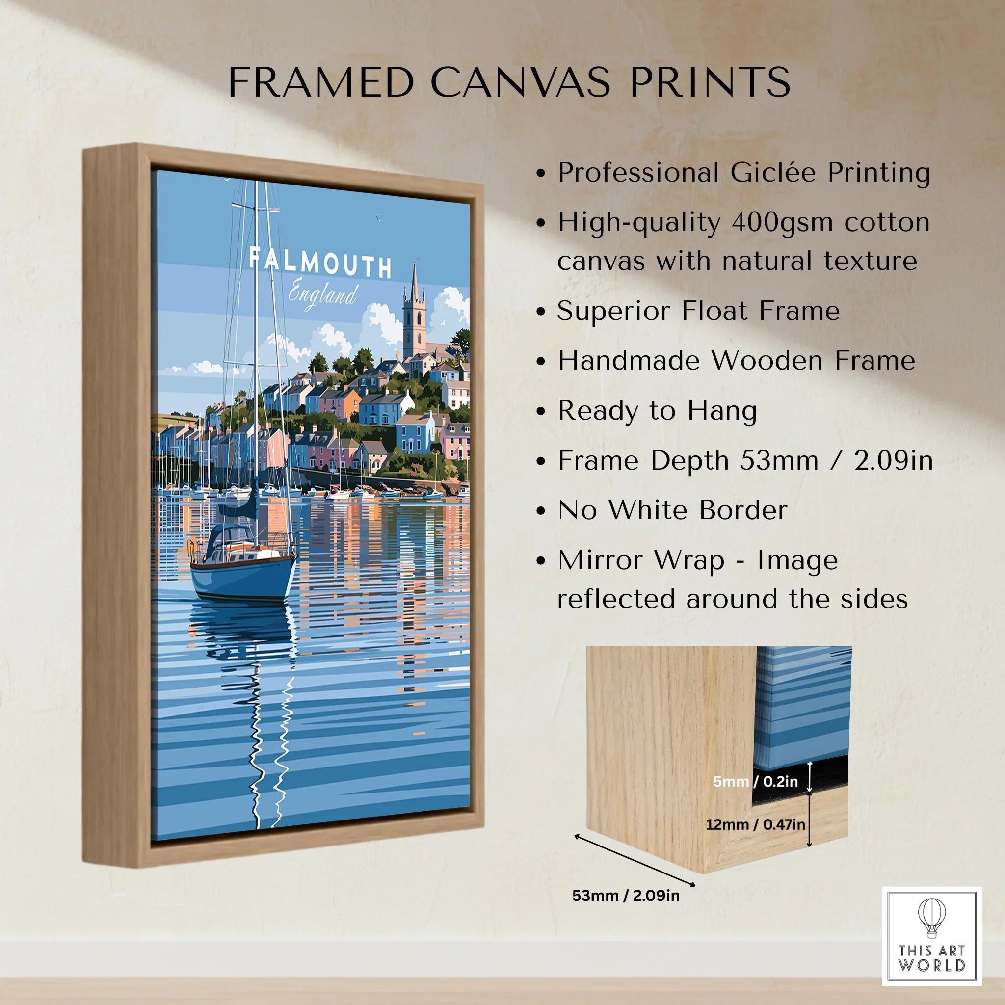 Falmouth Cornwall Moored Yachts Travel Poster — framed canvas float frame details quality