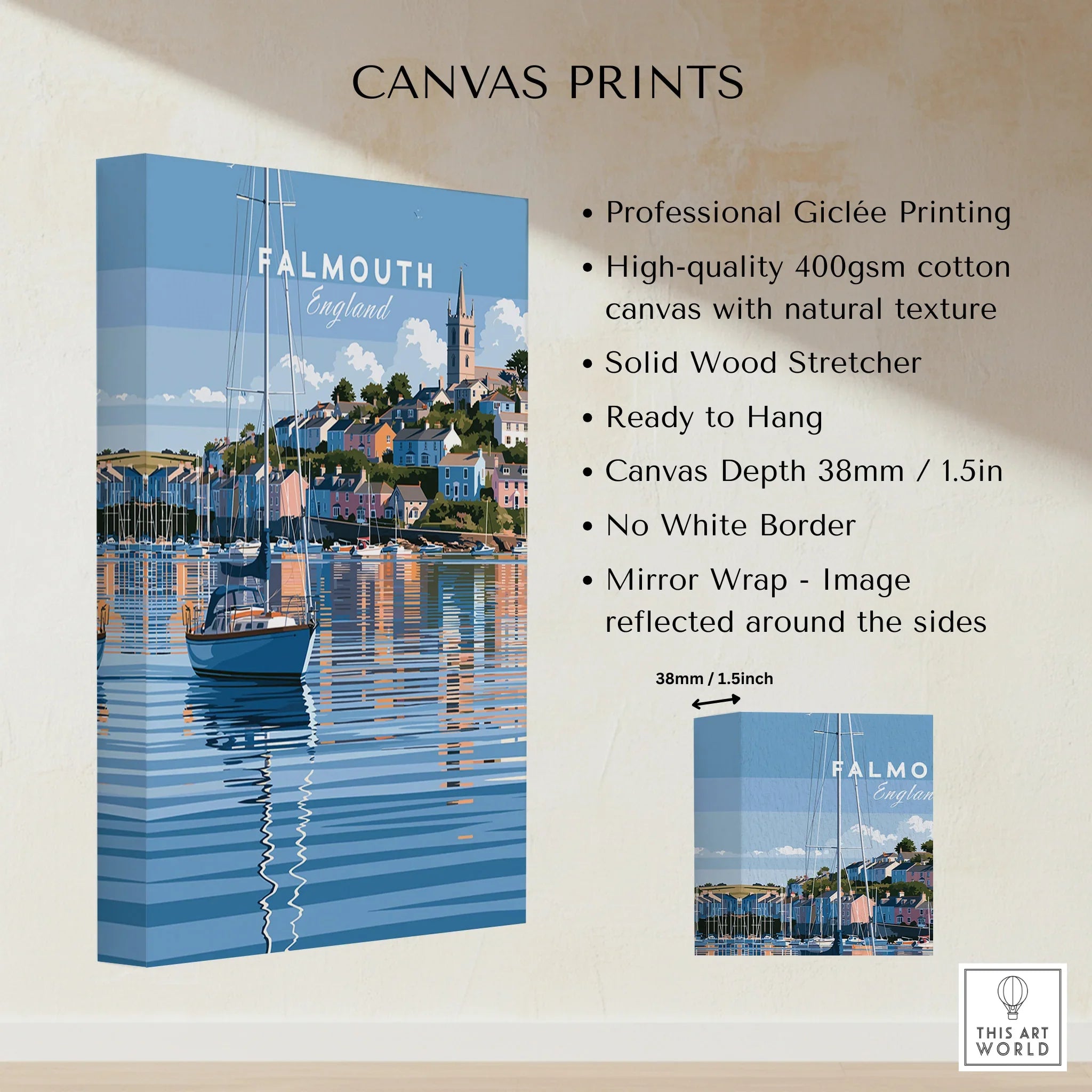 Falmouth Cornwall Moored Yachts Travel Poster — canvas print stretched cotton canvas details