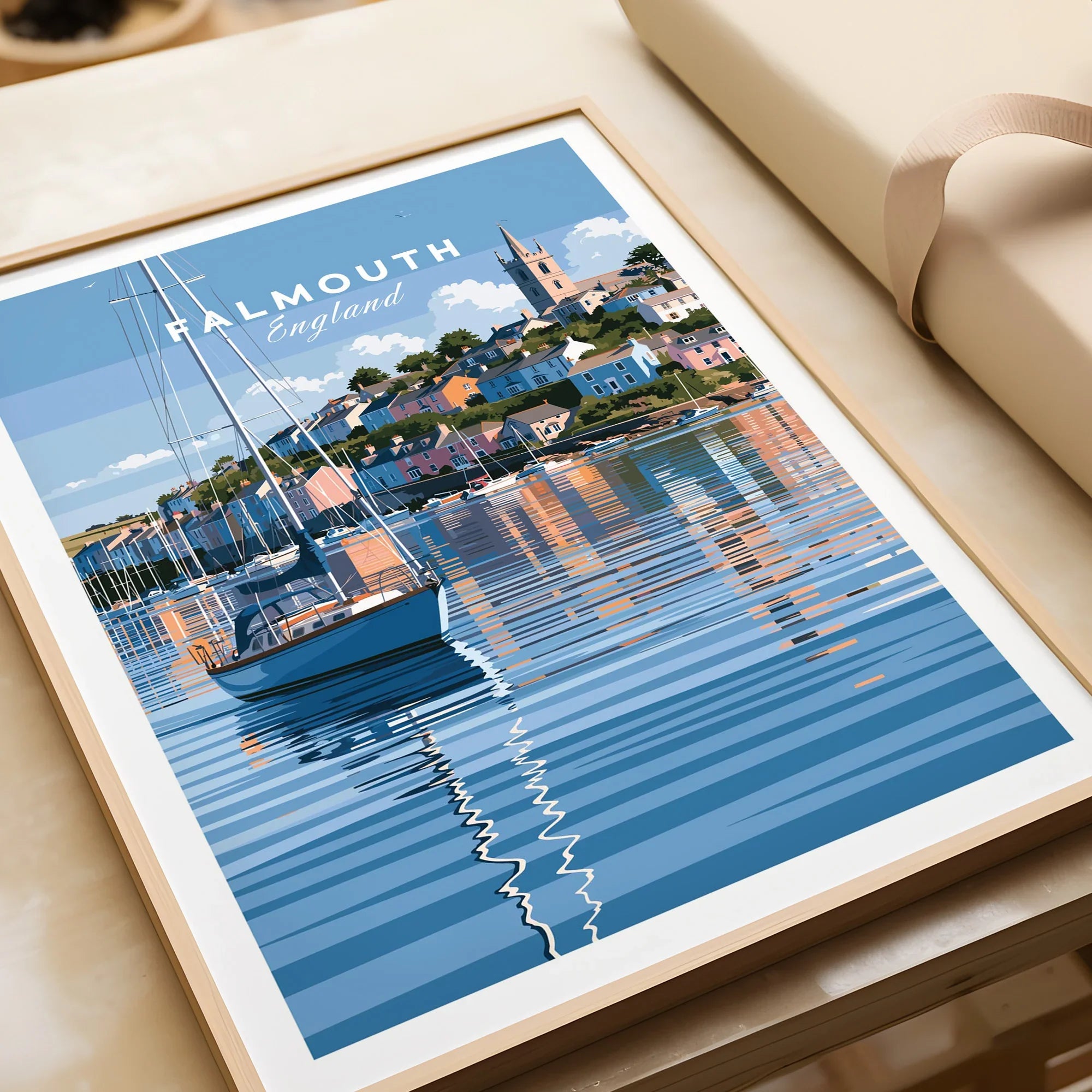 Falmouth Cornwall Moored Yachts Travel Poster — framed art print closeup gift unwrapped natural frame