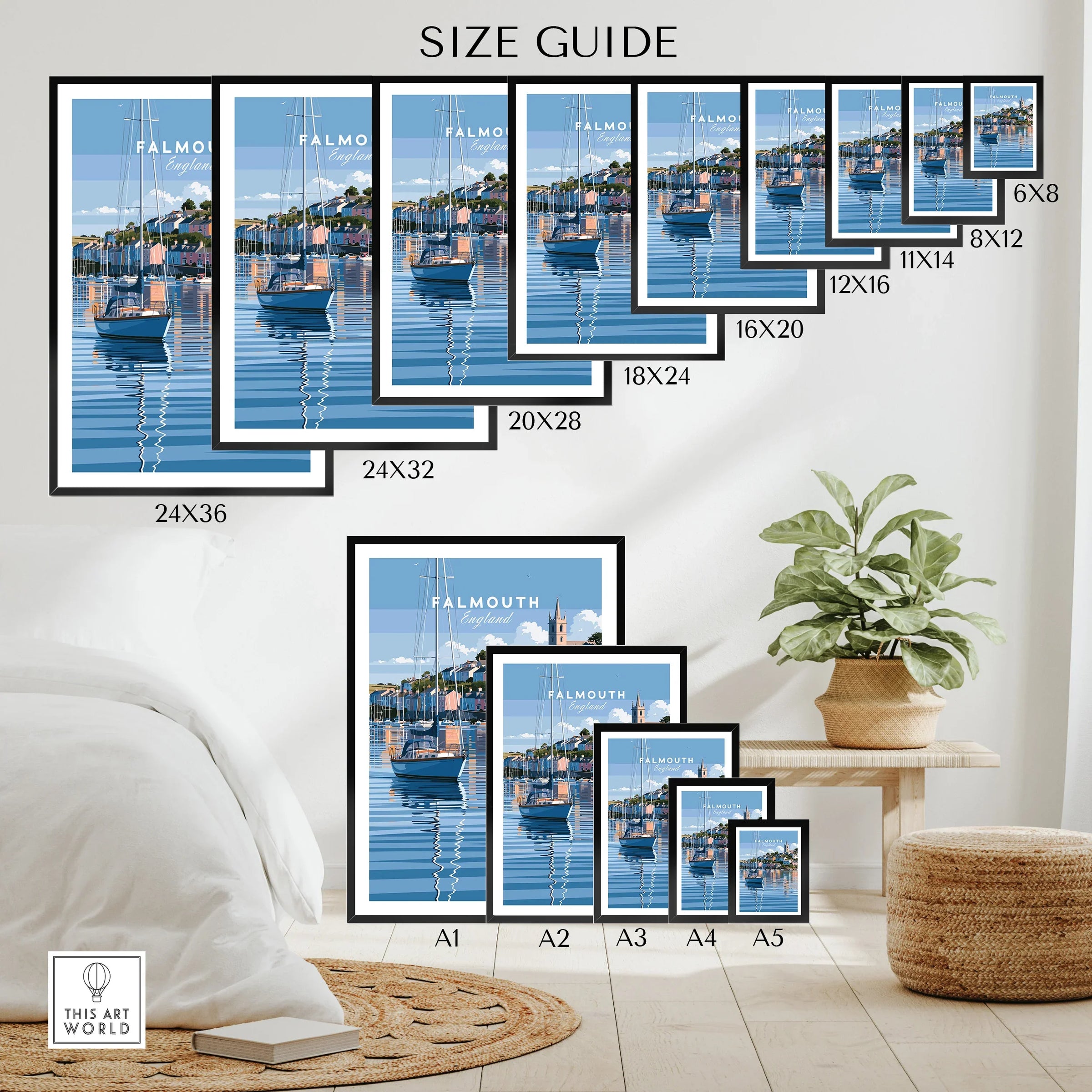 Falmouth Cornwall Moored Yachts Travel Poster — wall art poster size guide thisartworld
