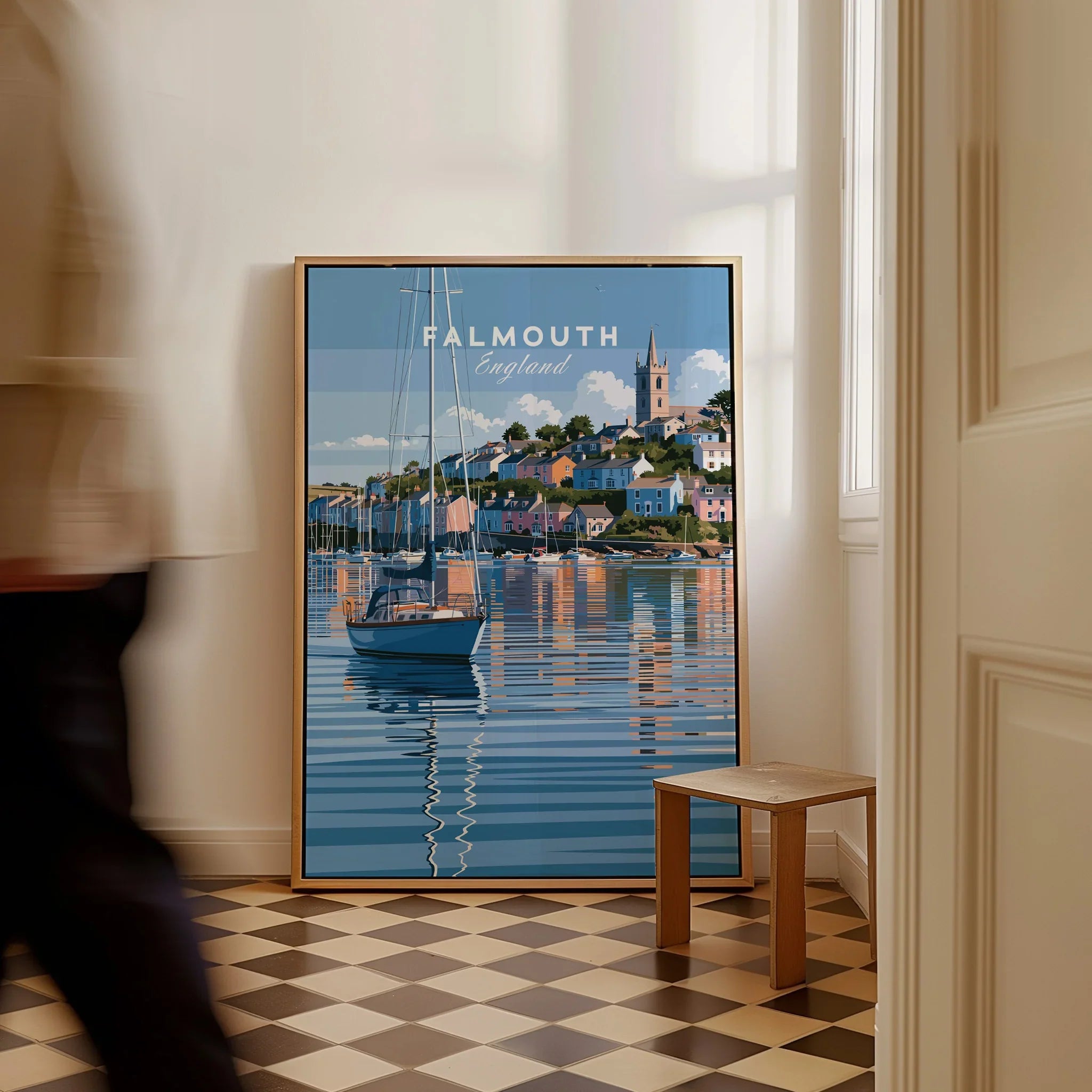 Falmouth Cornwall Moored Yachts Travel Poster — framed canvas on floor man walking past