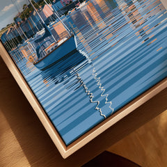 Falmouth Cornwall Moored Yachts Travel Poster — closeup framed canvas natural wood floating frame