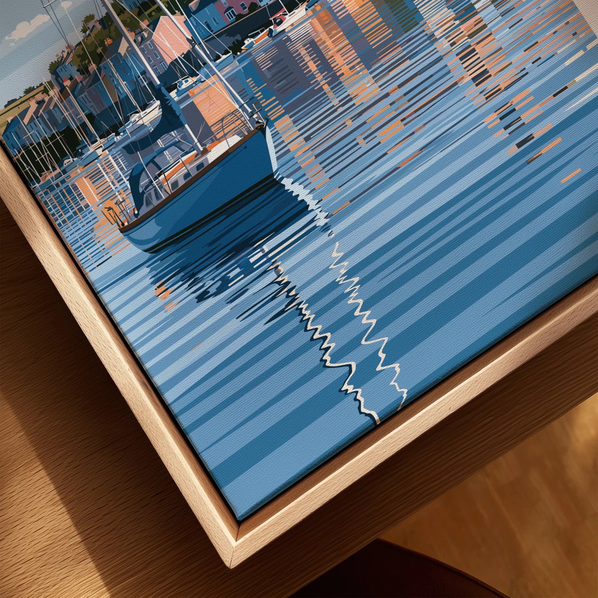 Falmouth Cornwall Moored Yachts Travel Poster — closeup framed canvas natural wood floating frame